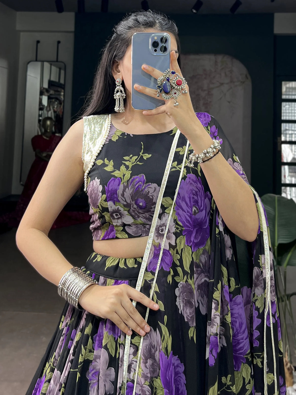 Magnetic Purple Floral Printed Georgette Traditional Lehenga With Blouse