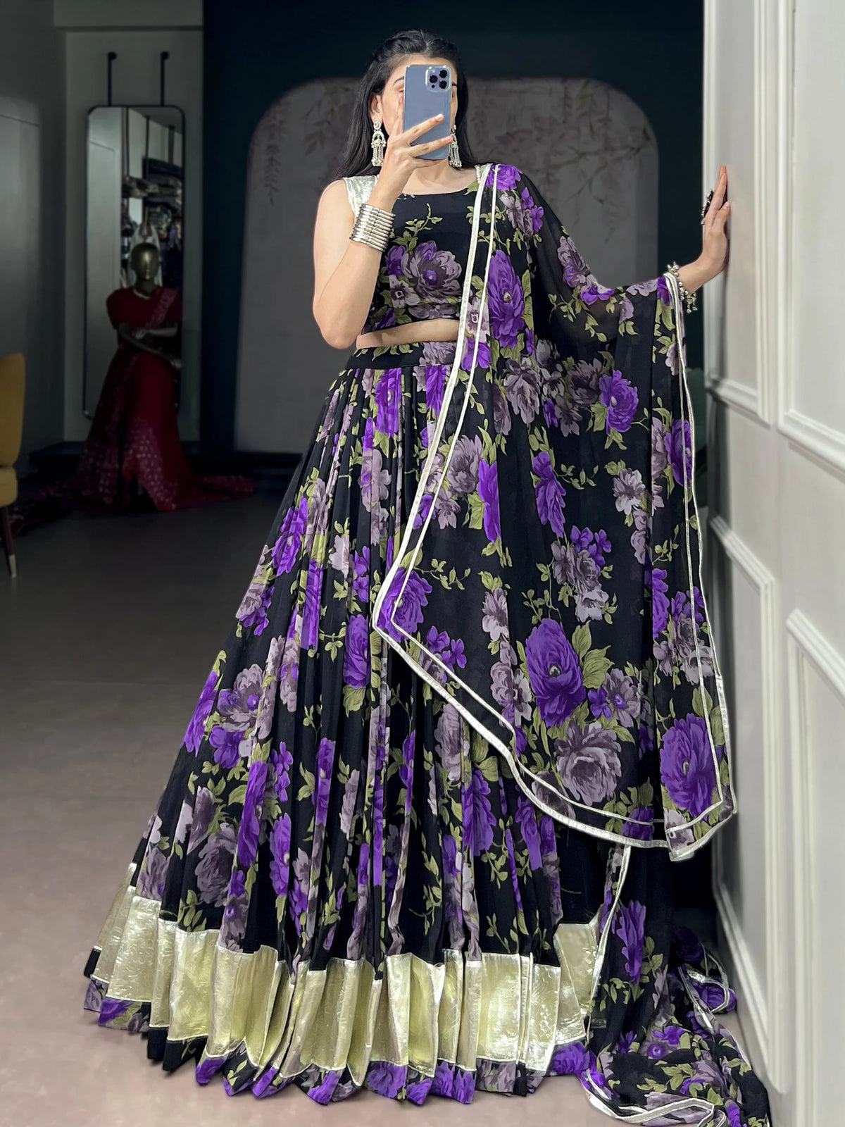 Magnetic Purple Floral Printed Georgette Traditional Lehenga With Blouse