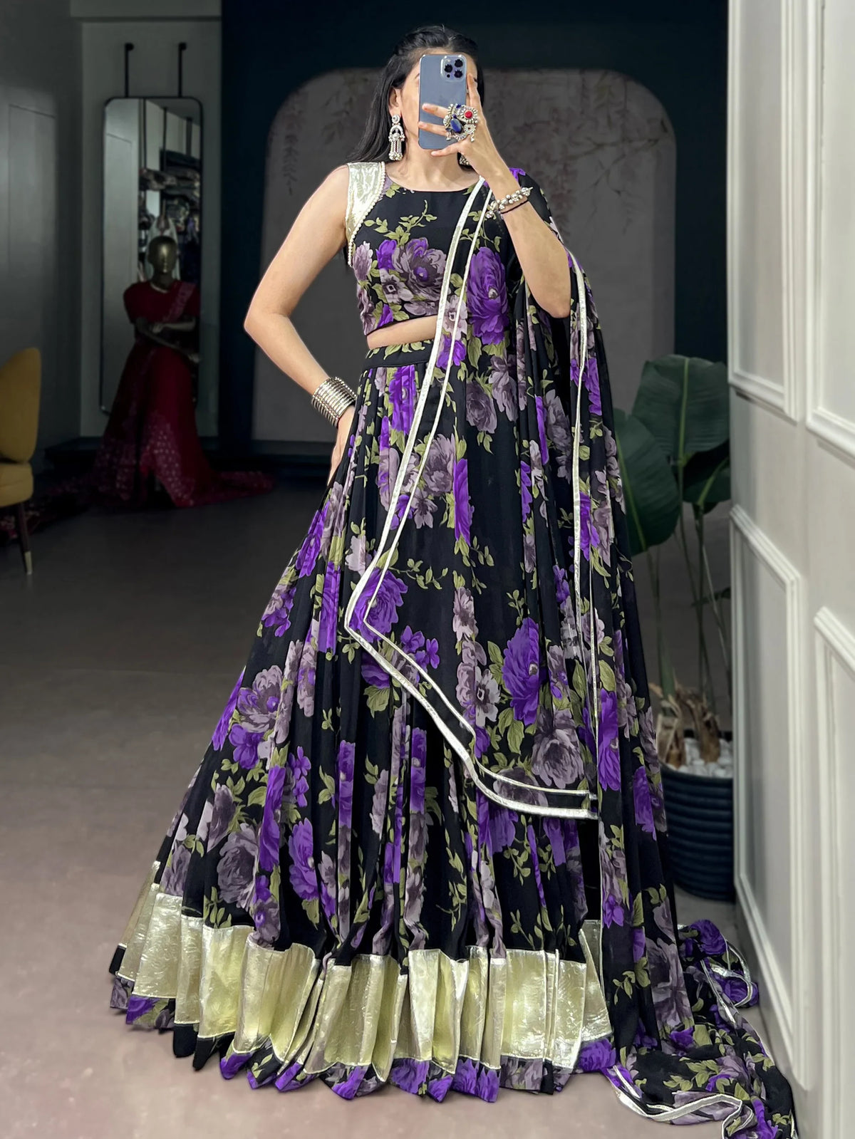 Magnetic Purple Floral Printed Georgette Traditional Lehenga With Blouse