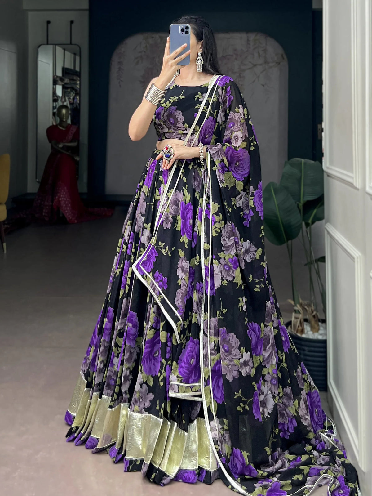 Magnetic Purple Floral Printed Georgette Traditional Lehenga With Blouse