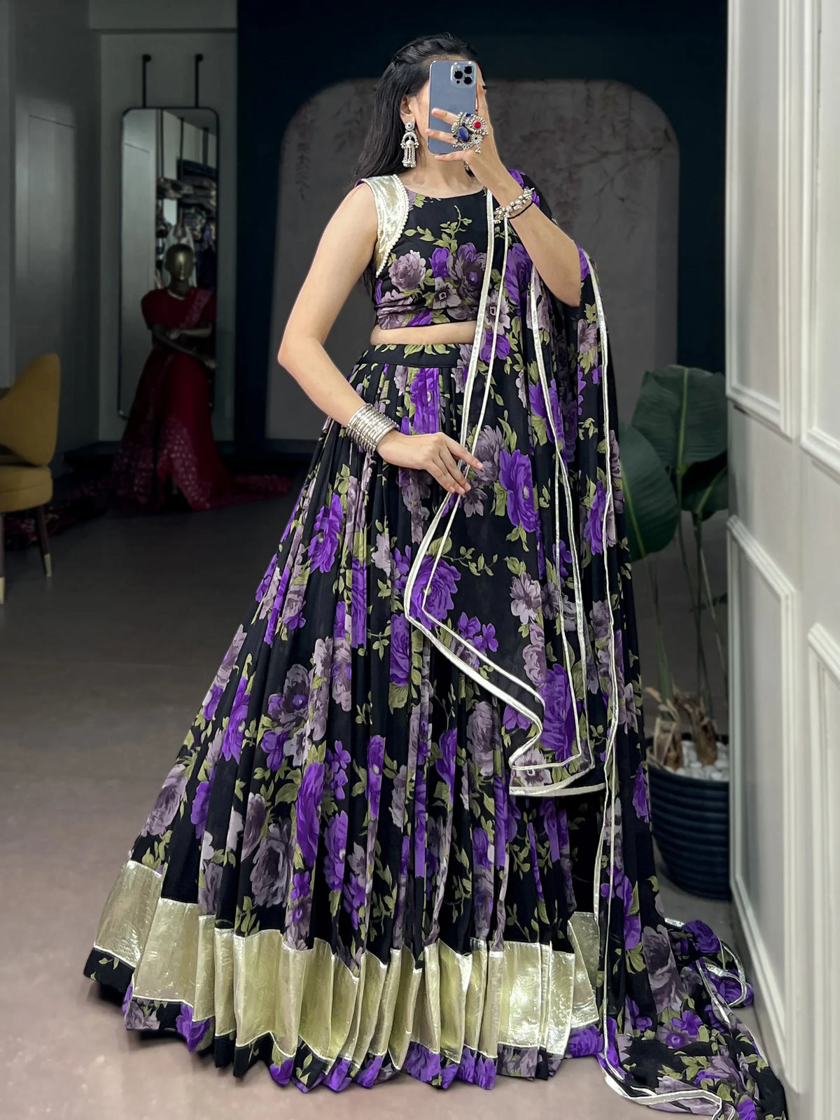 Magnetic Purple Floral Printed Georgette Traditional Lehenga With Blouse