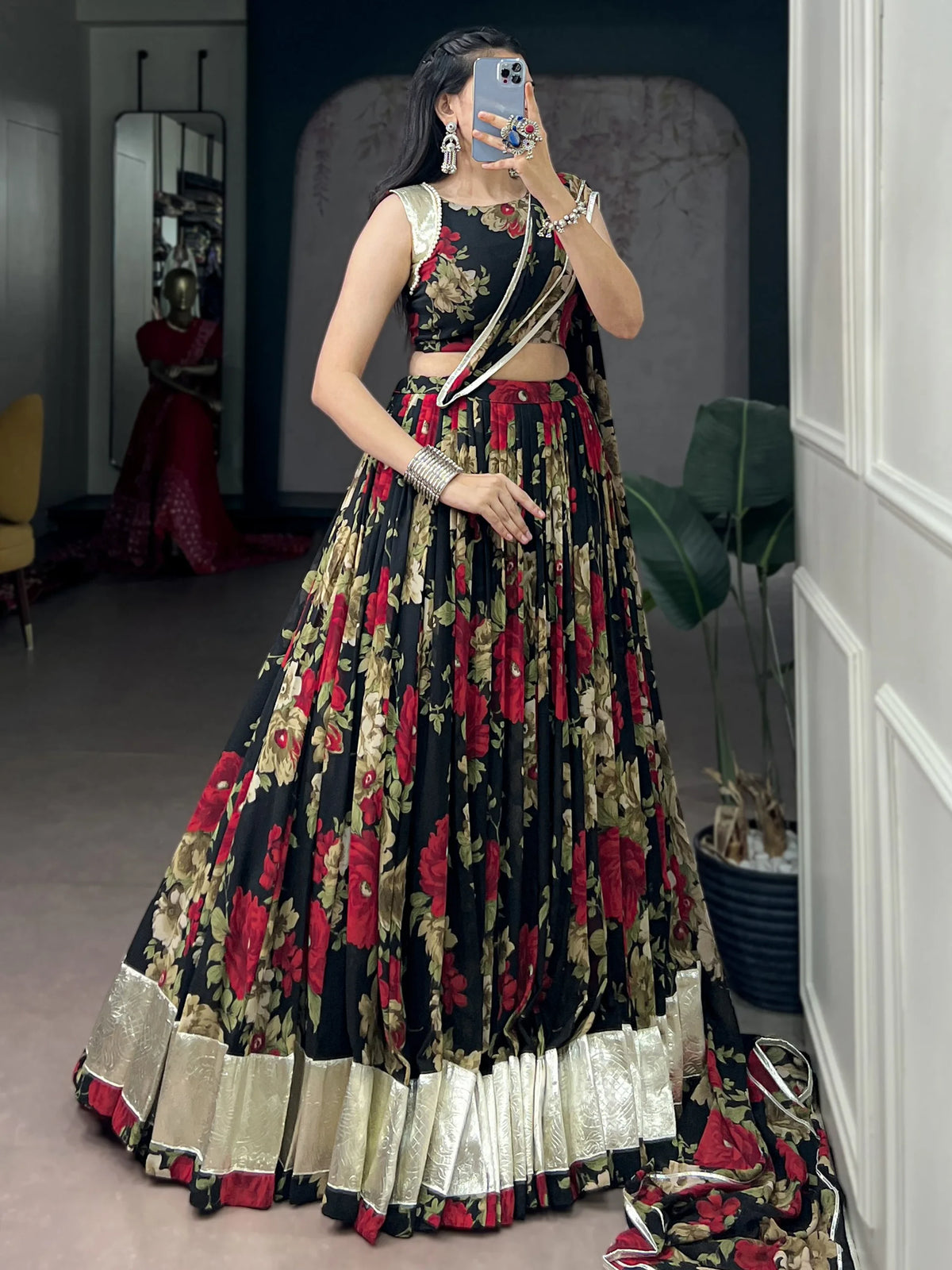 Lovable Red Floral Printed Georgette Event Wear Lehenga Choli