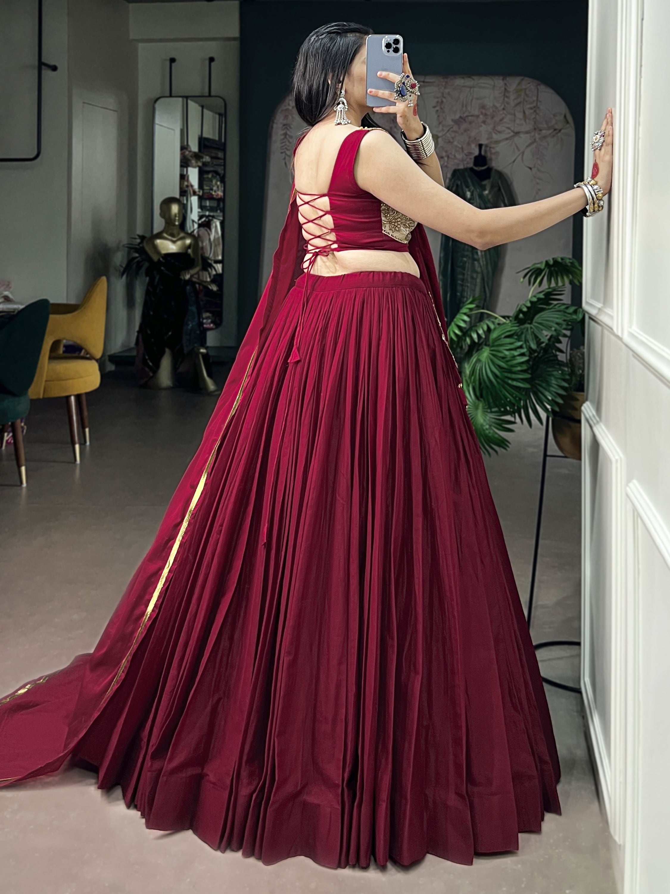 Notable Maroon Cotton Navratri Lehenga Choli With Embroidered Dupatta