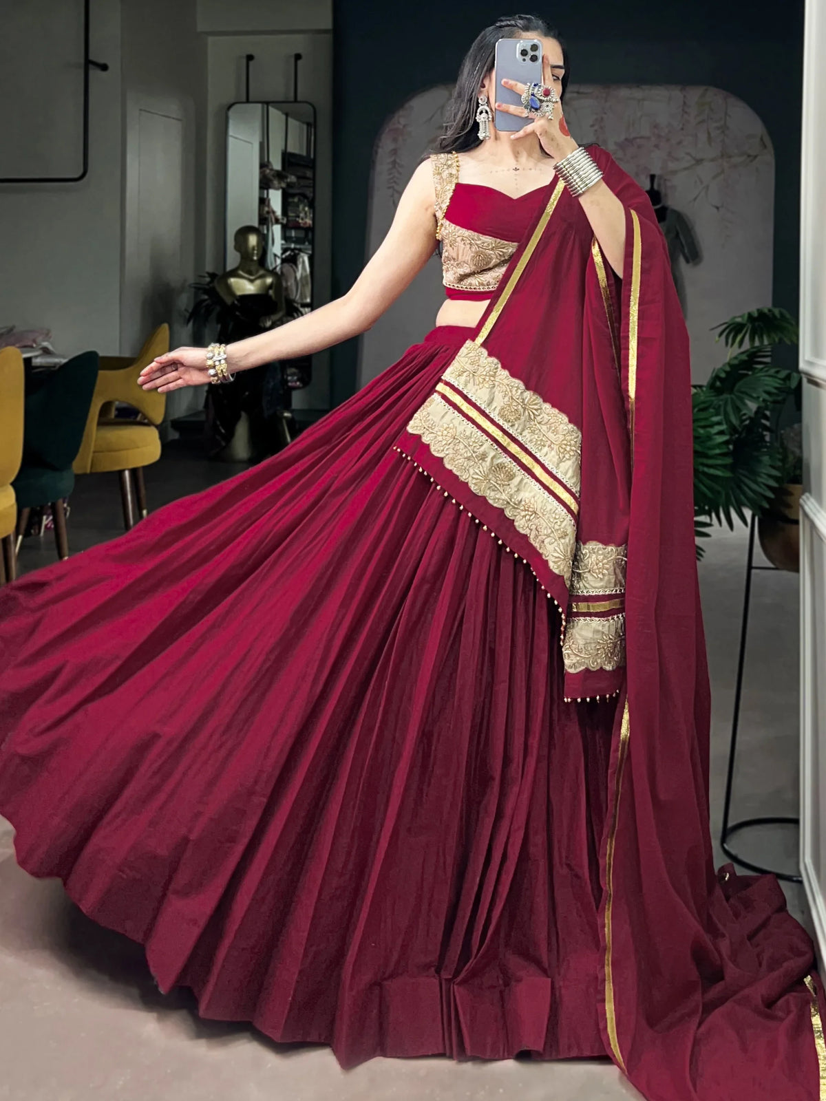 Notable Maroon Cotton Navratri Lehenga Choli With Embroidered Dupatta