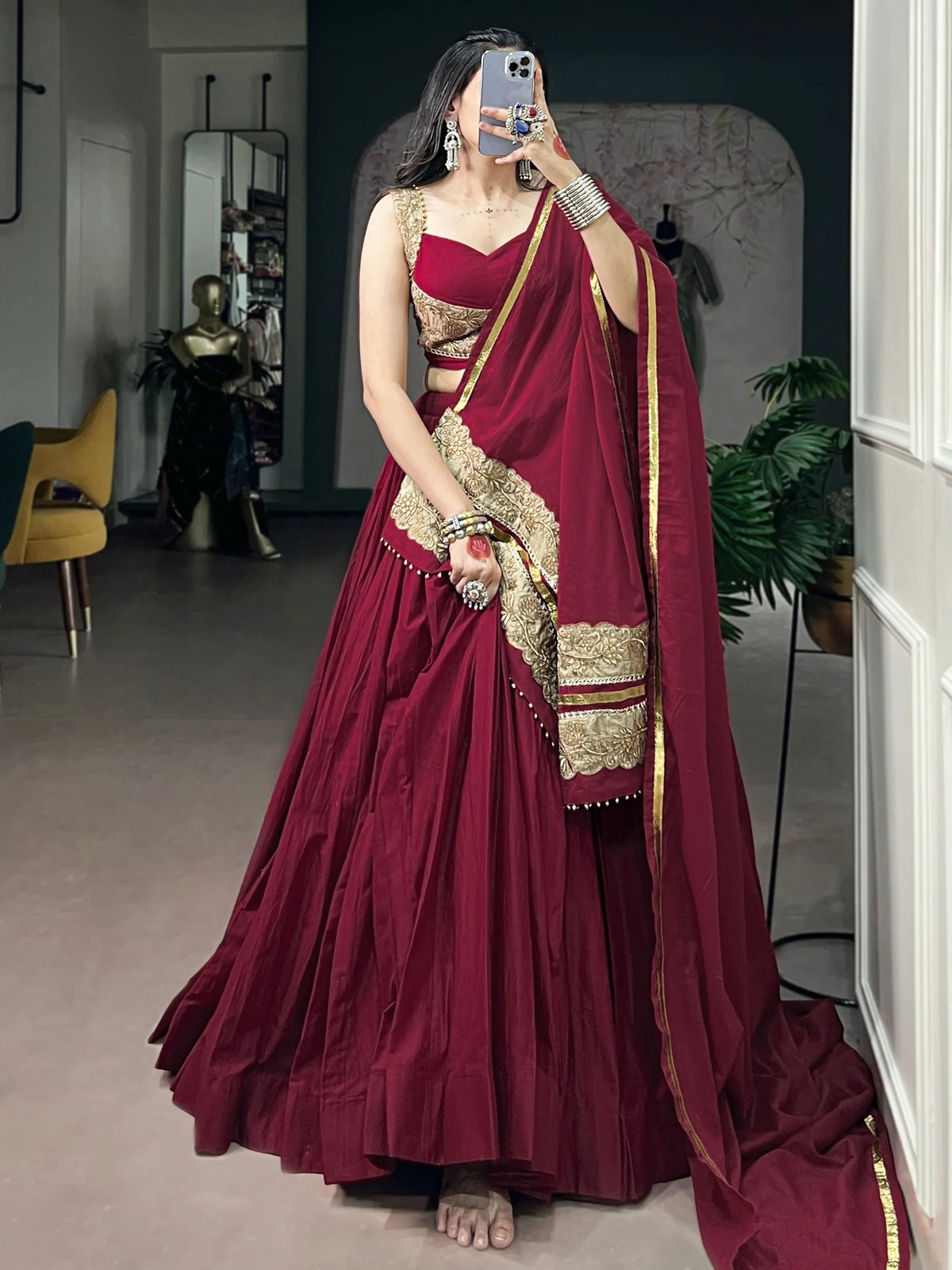 Notable Maroon Cotton Navratri Lehenga Choli With Embroidered Dupatta