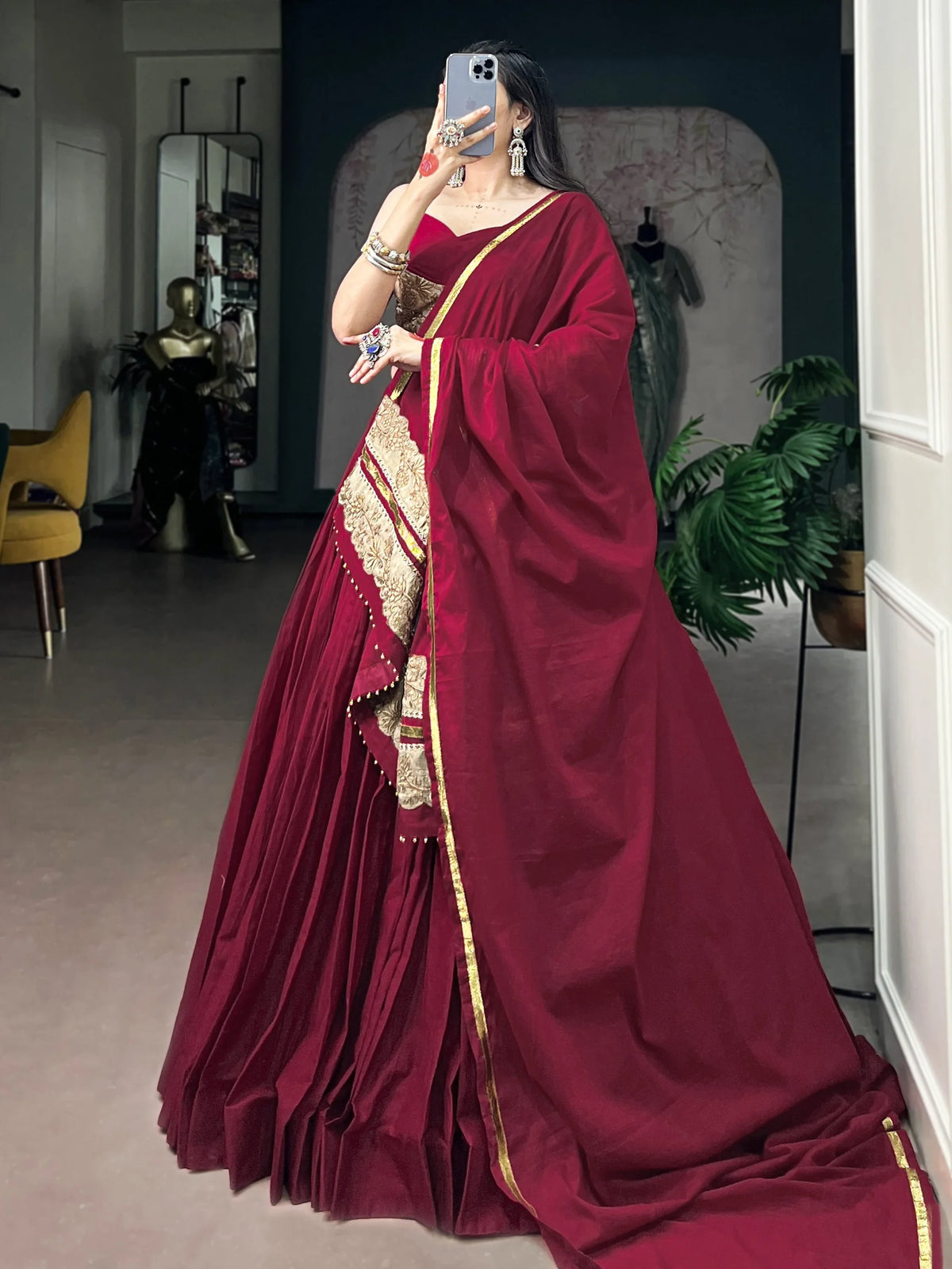 Notable Maroon Cotton Navratri Lehenga Choli With Embroidered Dupatta