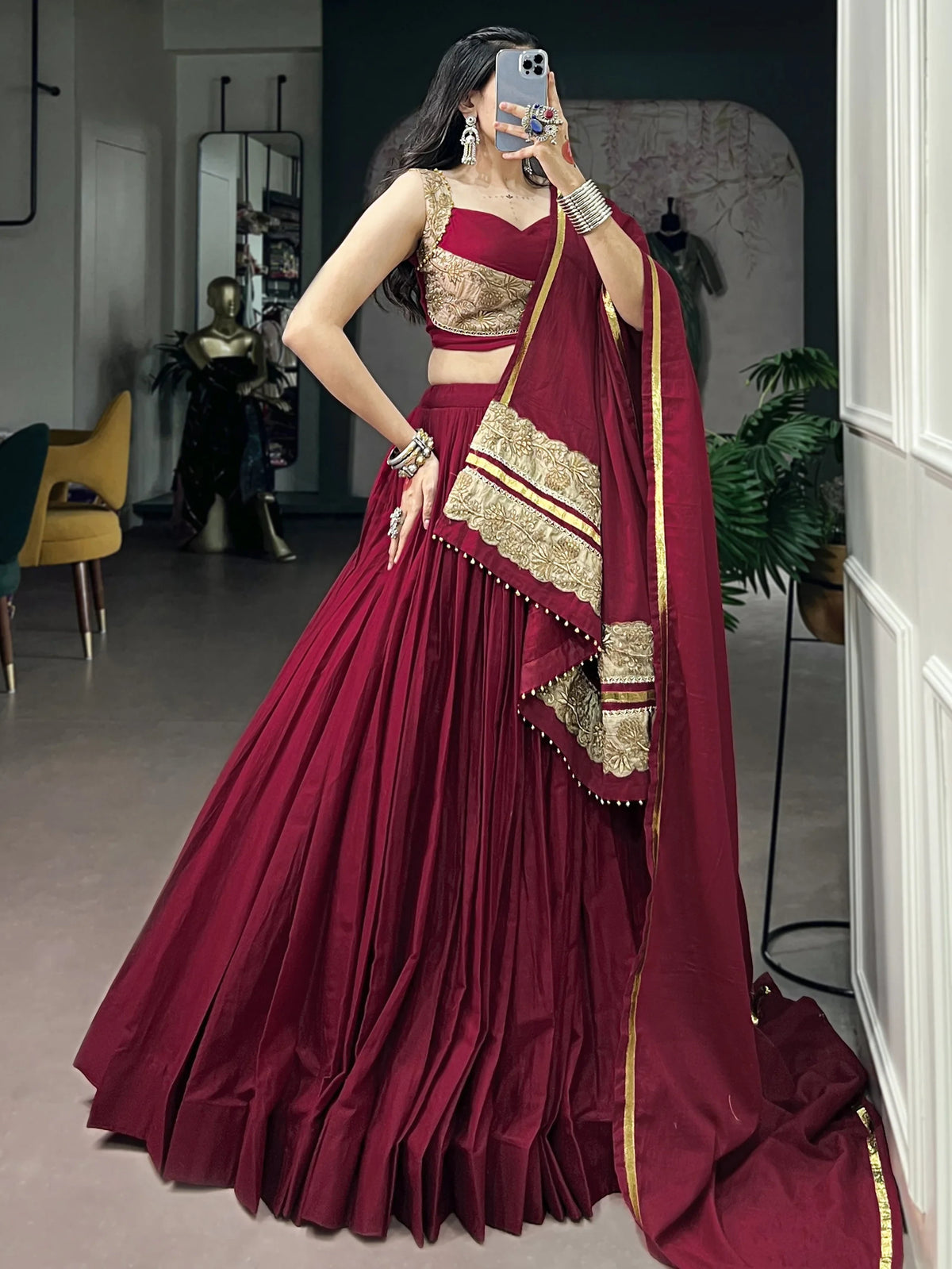 Notable Maroon Cotton Navratri Lehenga Choli With Embroidered Dupatta