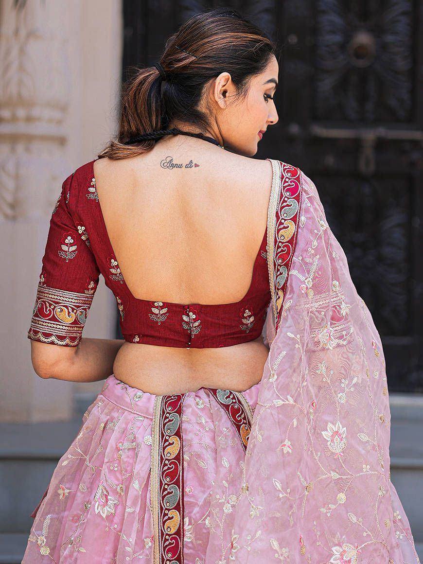 Pink and maroon embroidered lehenga choli with backless blouse, ethnic Indian wear