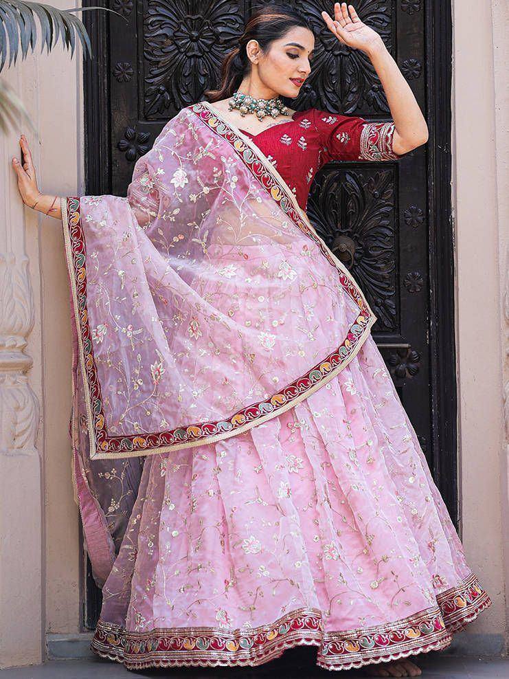 Pink embroidered lehenga choli with floral dupatta, Indian ethnic wear for women