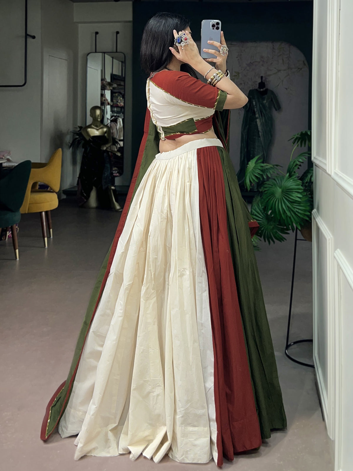 Elegant Green Gamthi Work Cotton Navratri Wear Lehenga Choli With Dupatta