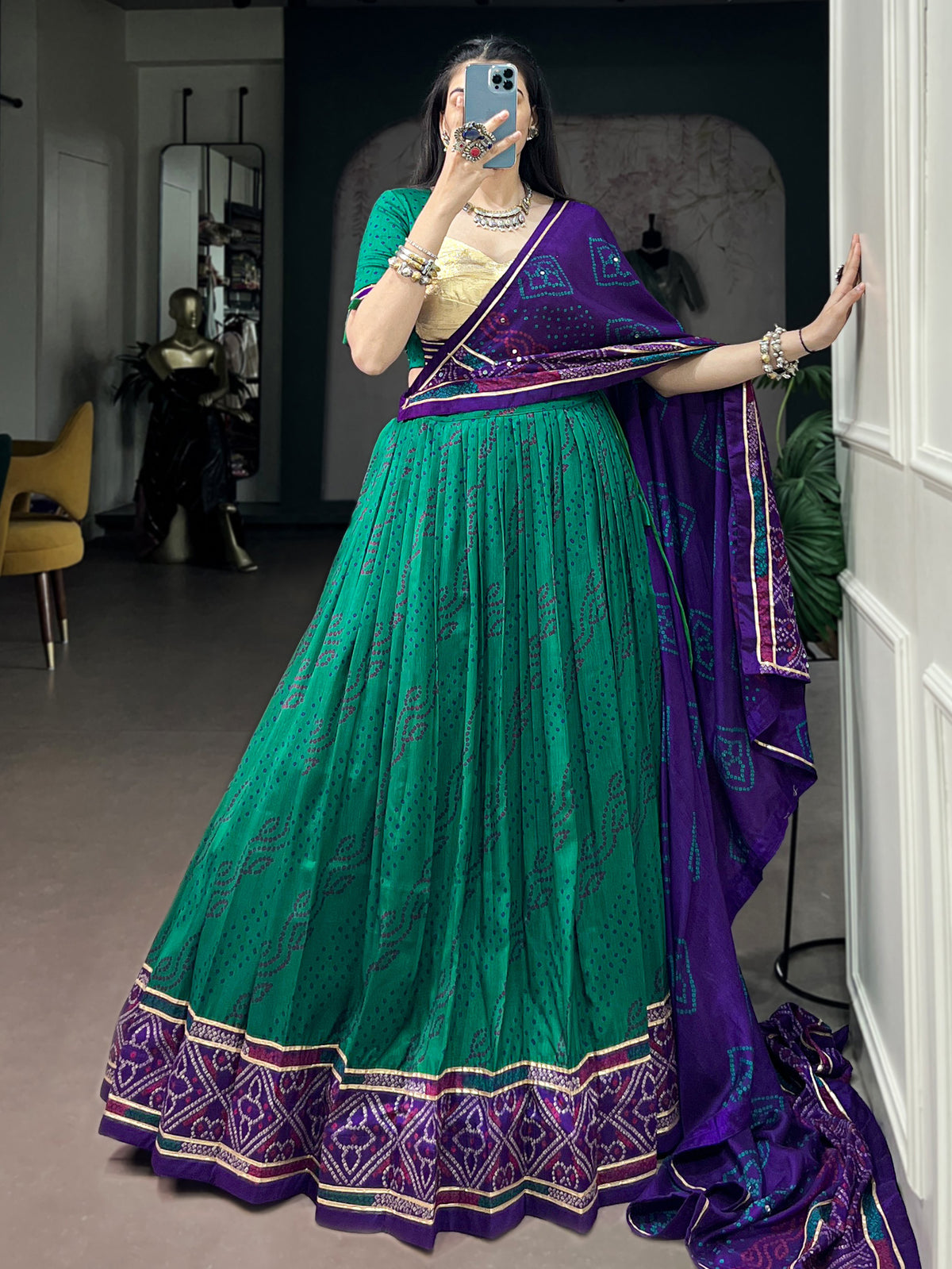 Delightful Green Bandhej Print Silk Navratri Wear Lehenga Choli