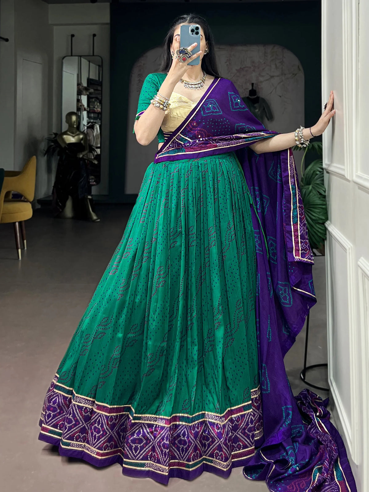 Delightful Green Bandhej Print Silk Navratri Wear Lehenga Choli