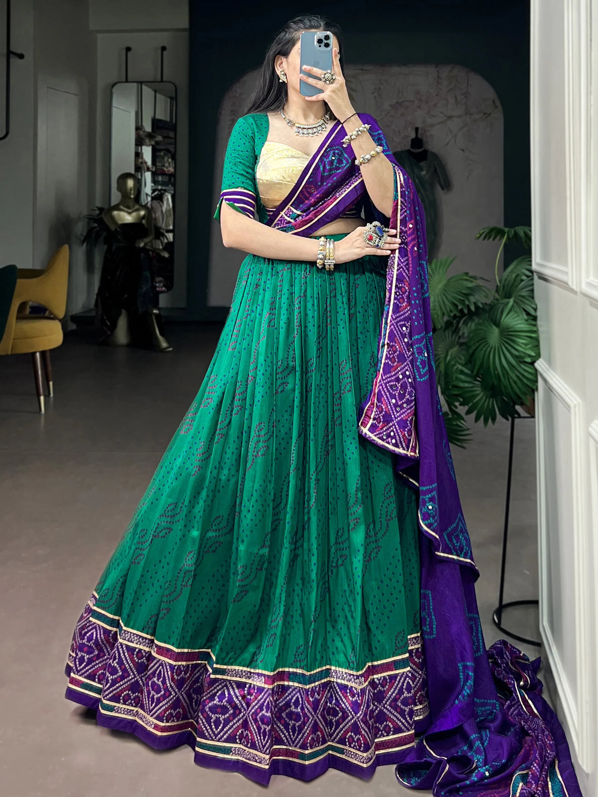 Delightful Green Bandhej Print Silk Navratri Wear Lehenga Choli