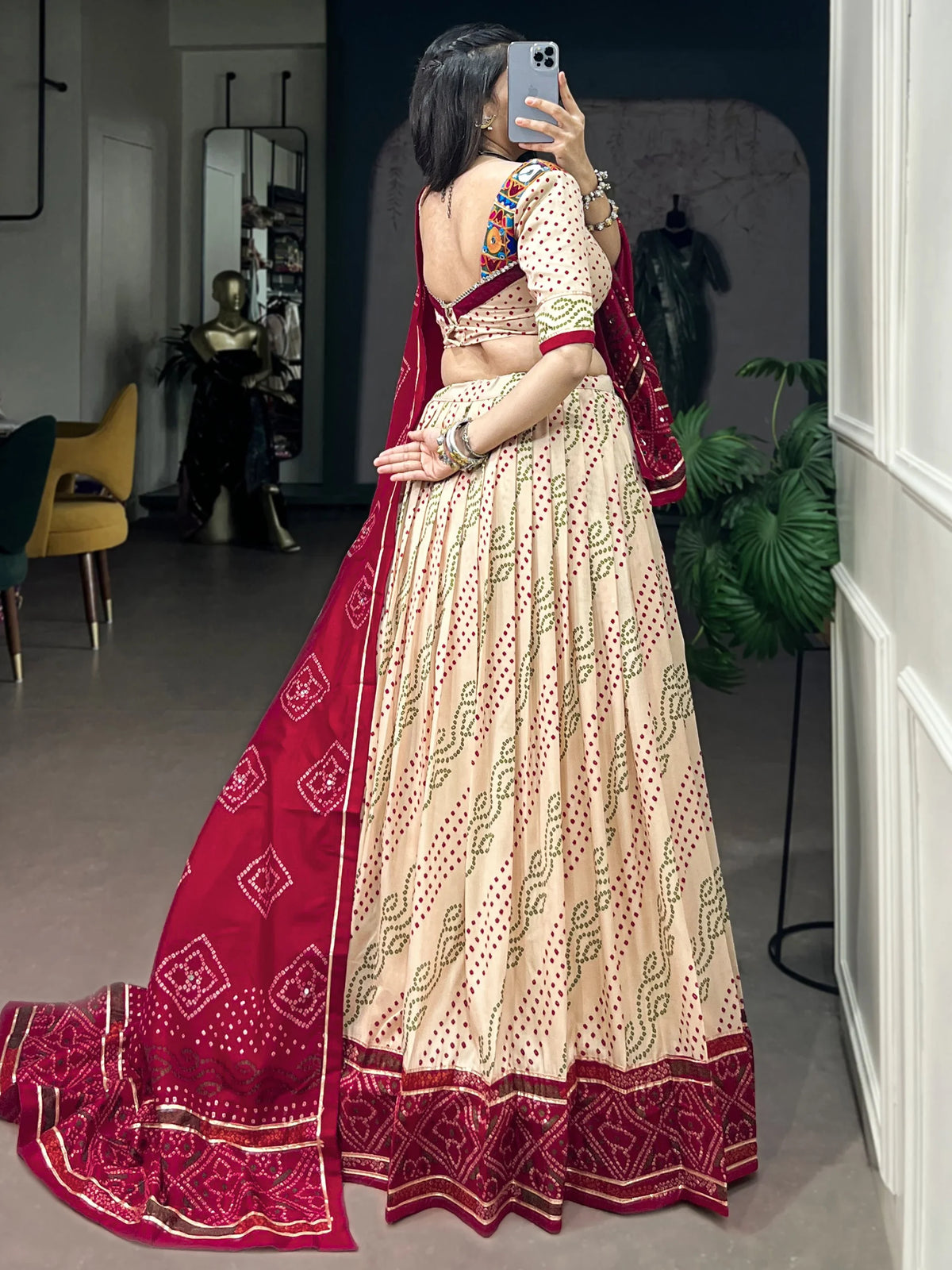 Splendid Cream Bandhej Print Navratri Wear Lehenga Choli With Dupatta