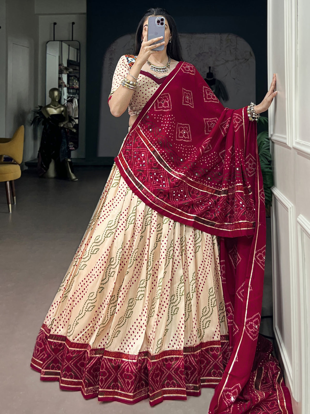 Splendid Cream Bandhej Print Navratri Wear Lehenga Choli With Dupatta