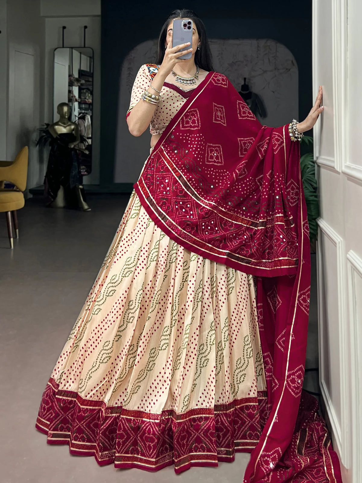 Splendid Cream Bandhej Print Navratri Wear Lehenga Choli With Dupatta