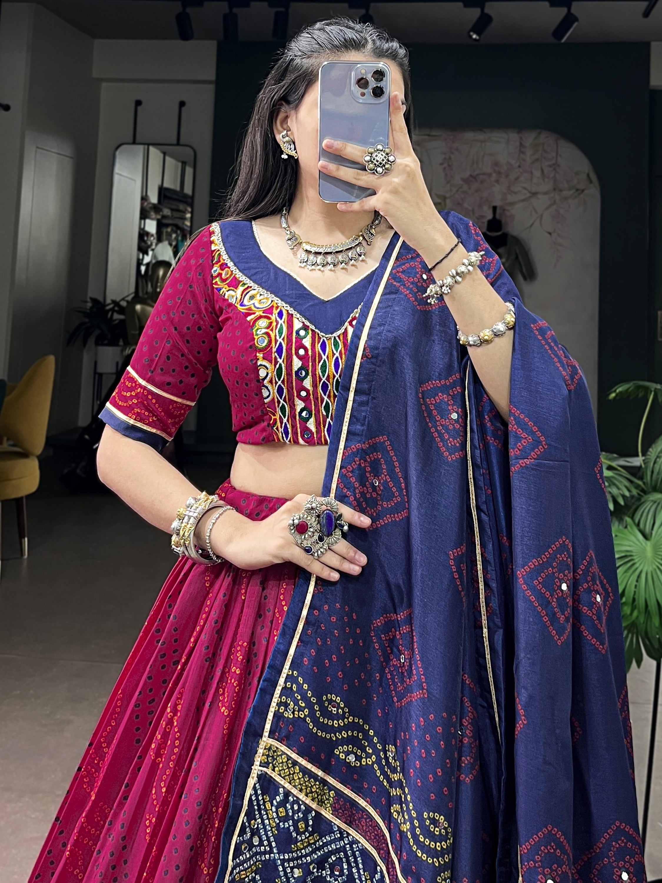 Striking Pink Bandhej Print Silk Navratri Wear Lehenga With Blouse