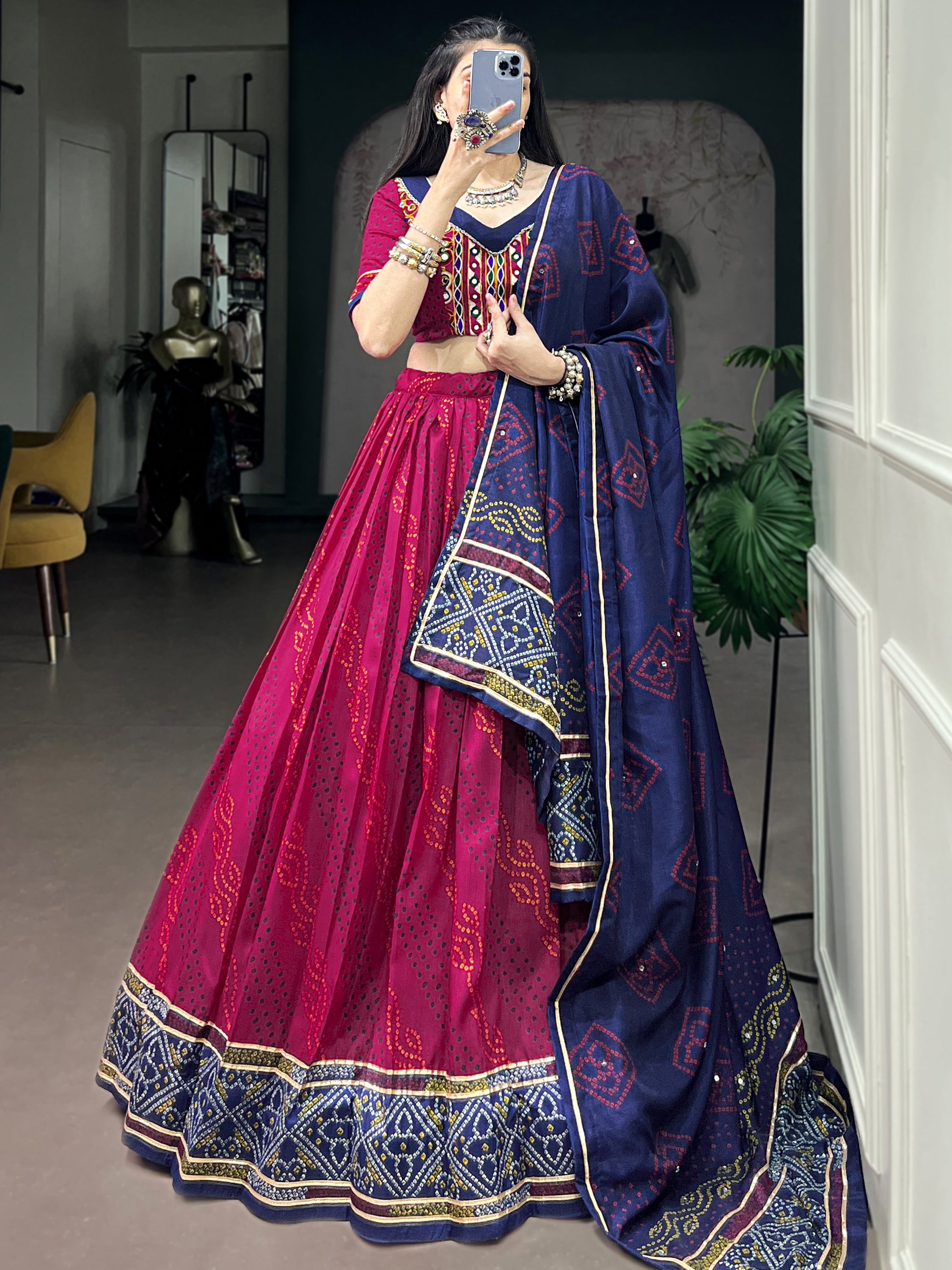 Striking Pink Bandhej Print Silk Navratri Wear Lehenga With Blouse