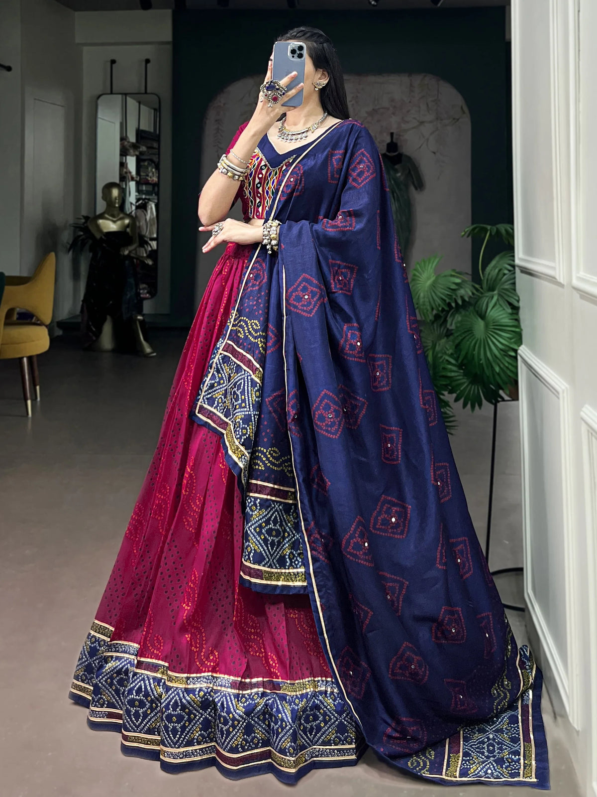 Striking Pink Bandhej Print Silk Navratri Wear Lehenga With Blouse