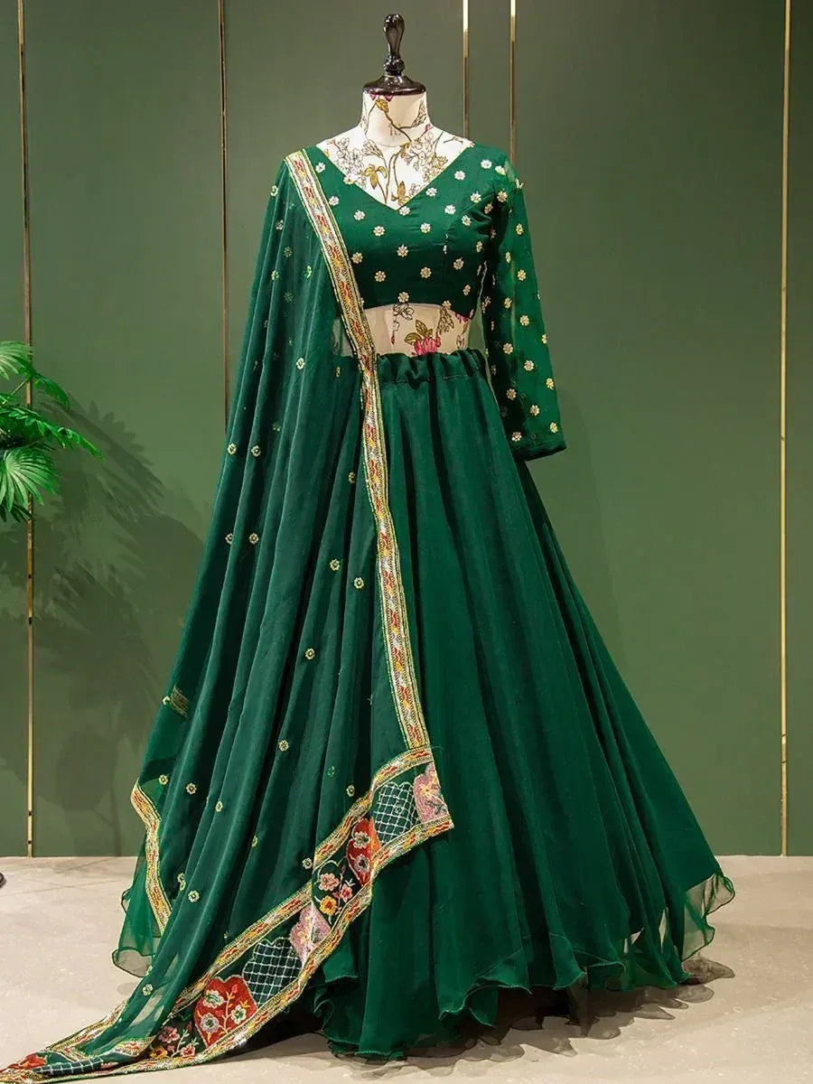Emerald green designer lehenga choli with floral embroidery and embellished dupatta for ethnic wear