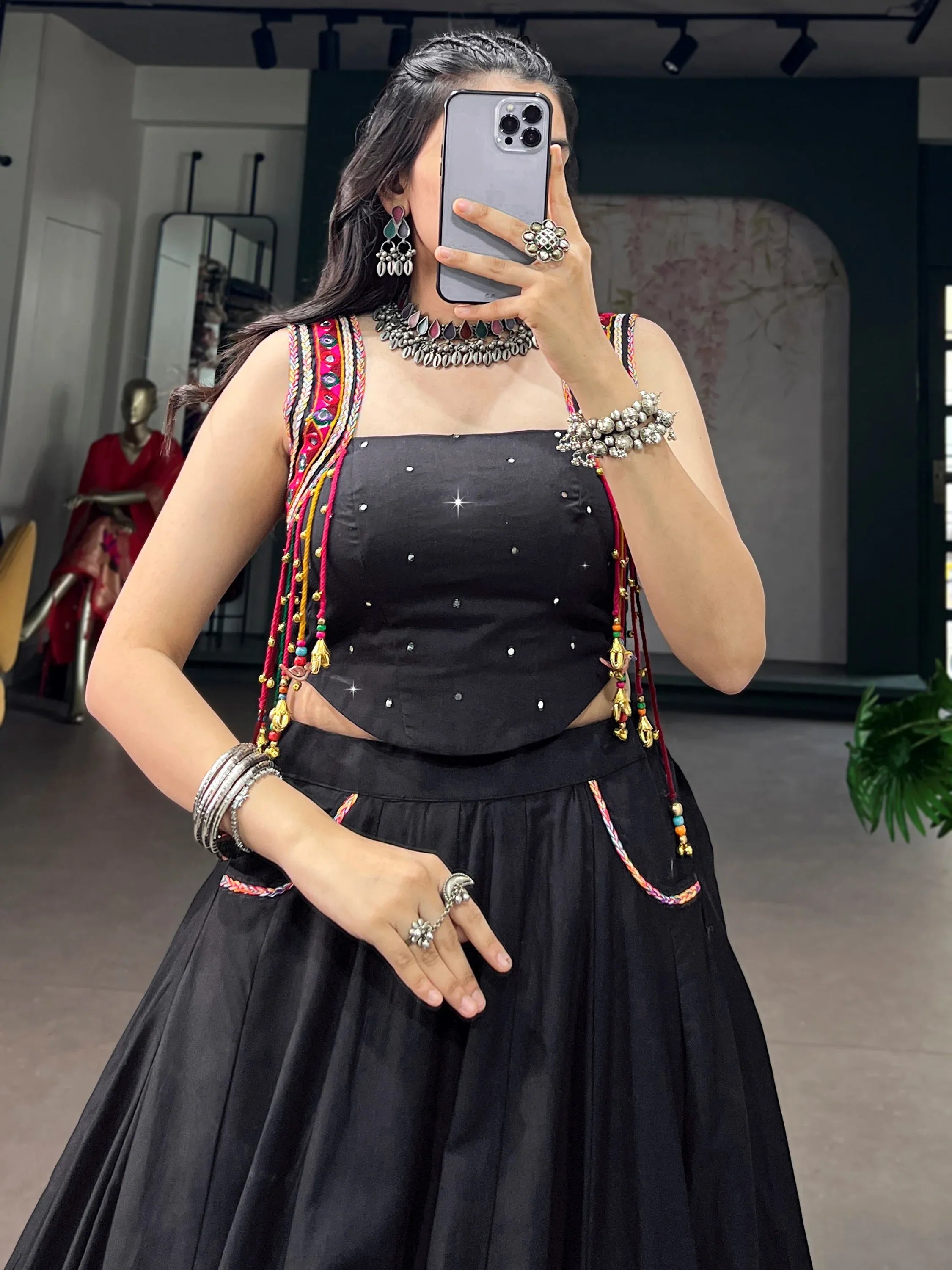 Bewitching Black Mirror Work Cotton Navratri Wear Crop Top Lehenga
