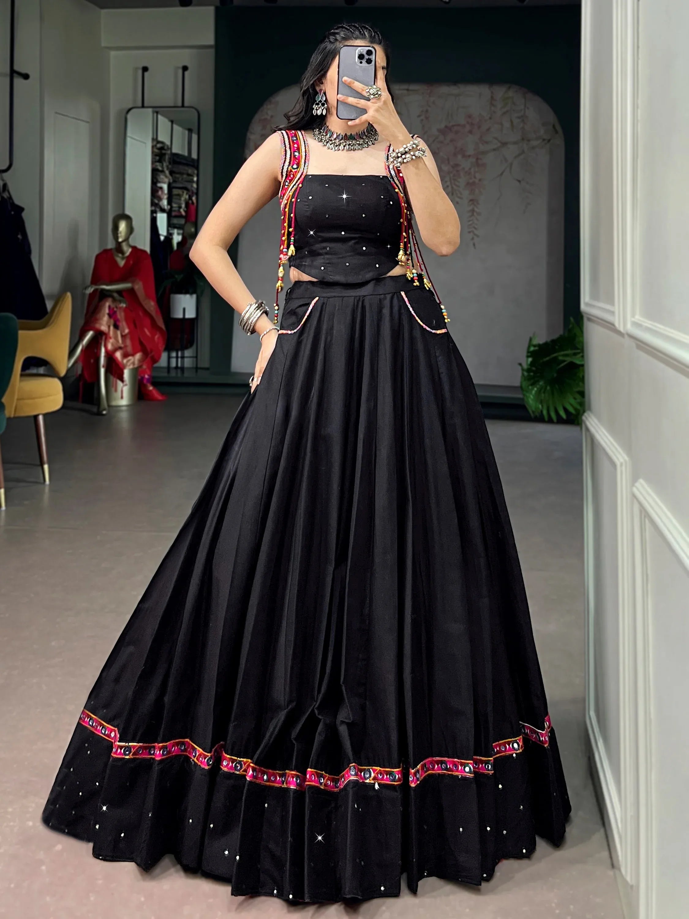 Bewitching Black Mirror Work Cotton Navratri Wear Crop Top Lehenga