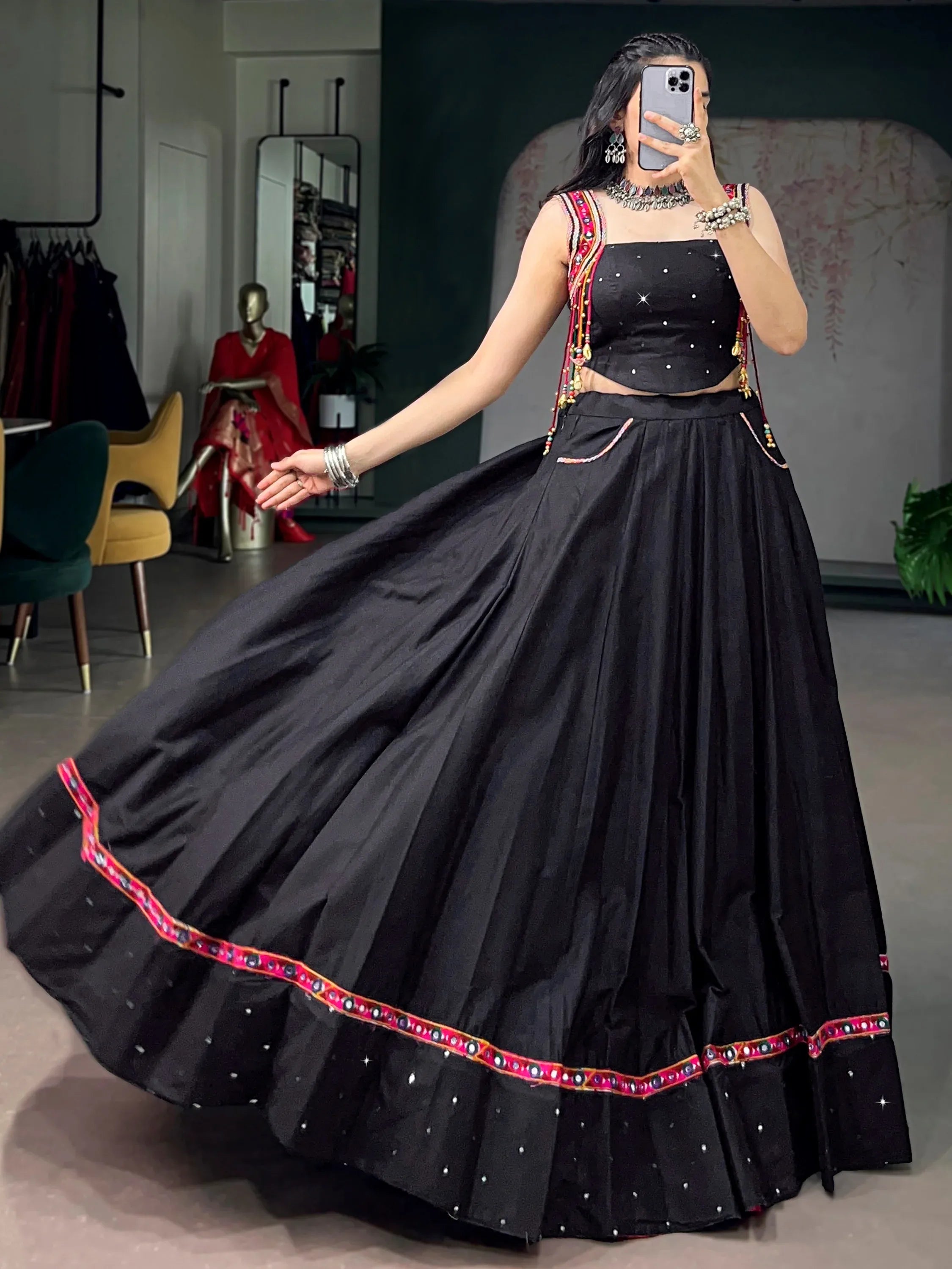 Bewitching Black Mirror Work Cotton Navratri Wear Crop Top Lehenga