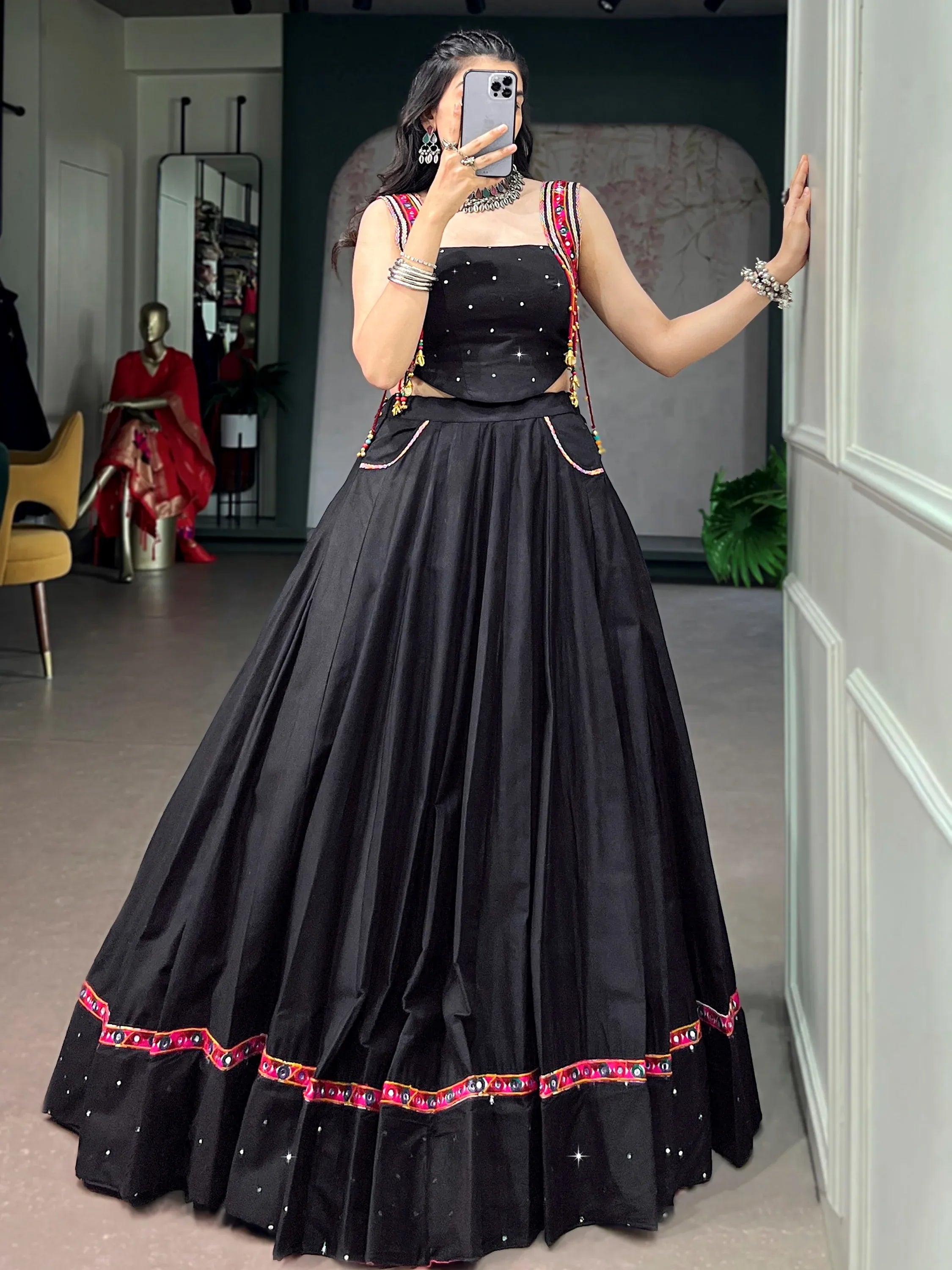 Bewitching Black Mirror Work Cotton Navratri Wear Crop Top Lehenga