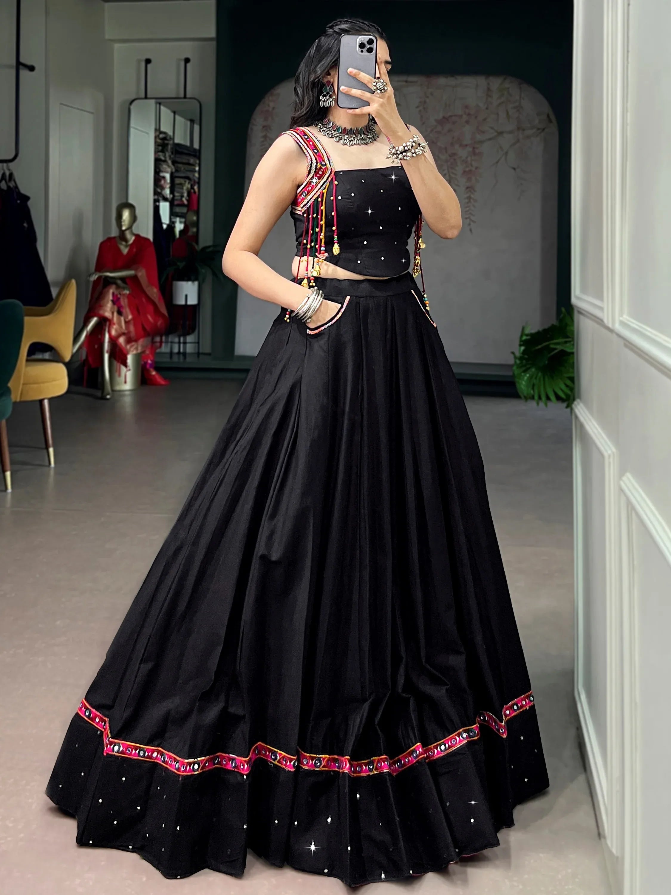 Bewitching Black Mirror Work Cotton Navratri Wear Crop Top Lehenga
