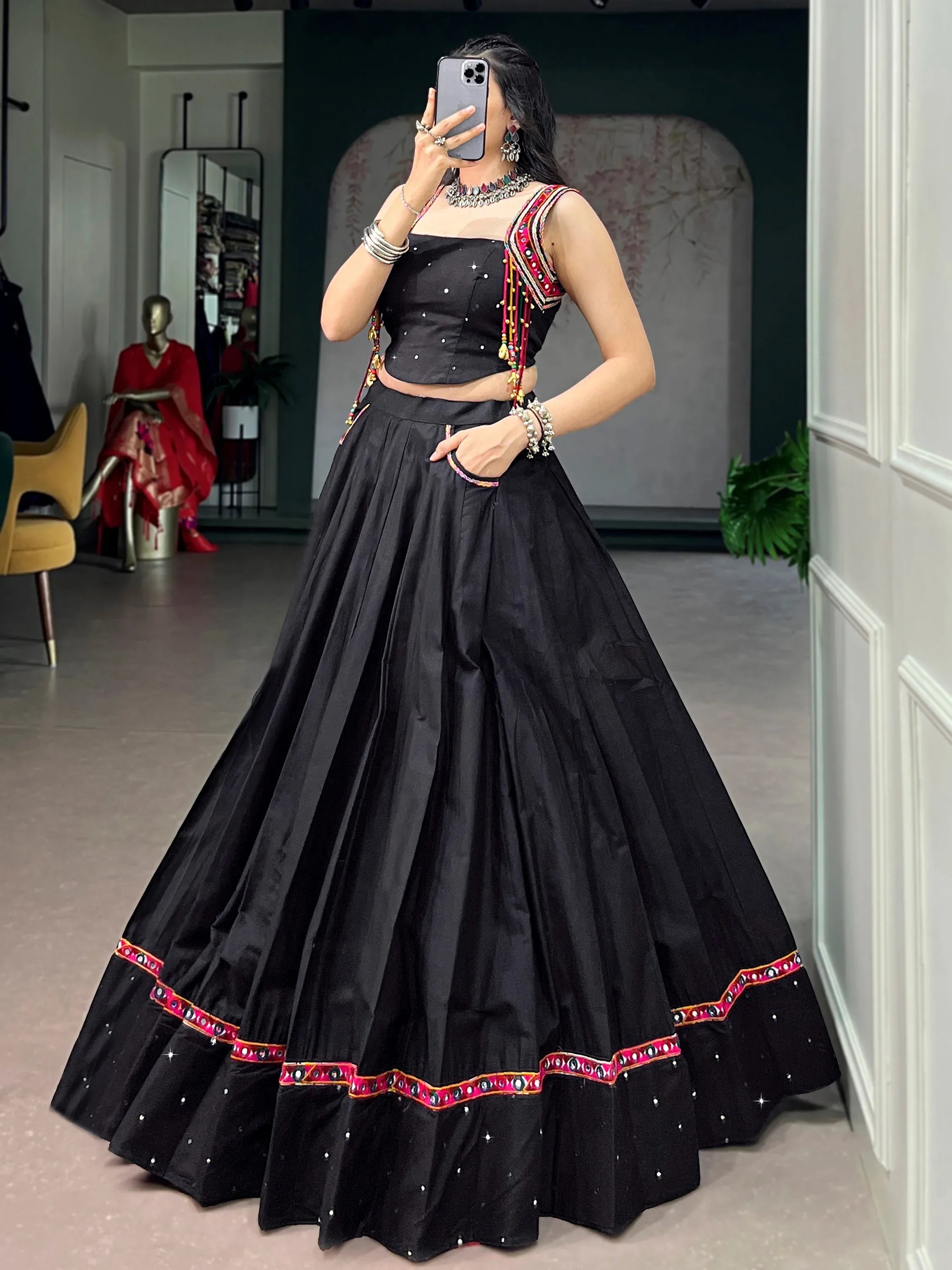 Bewitching Black Mirror Work Cotton Navratri Wear Crop Top Lehenga