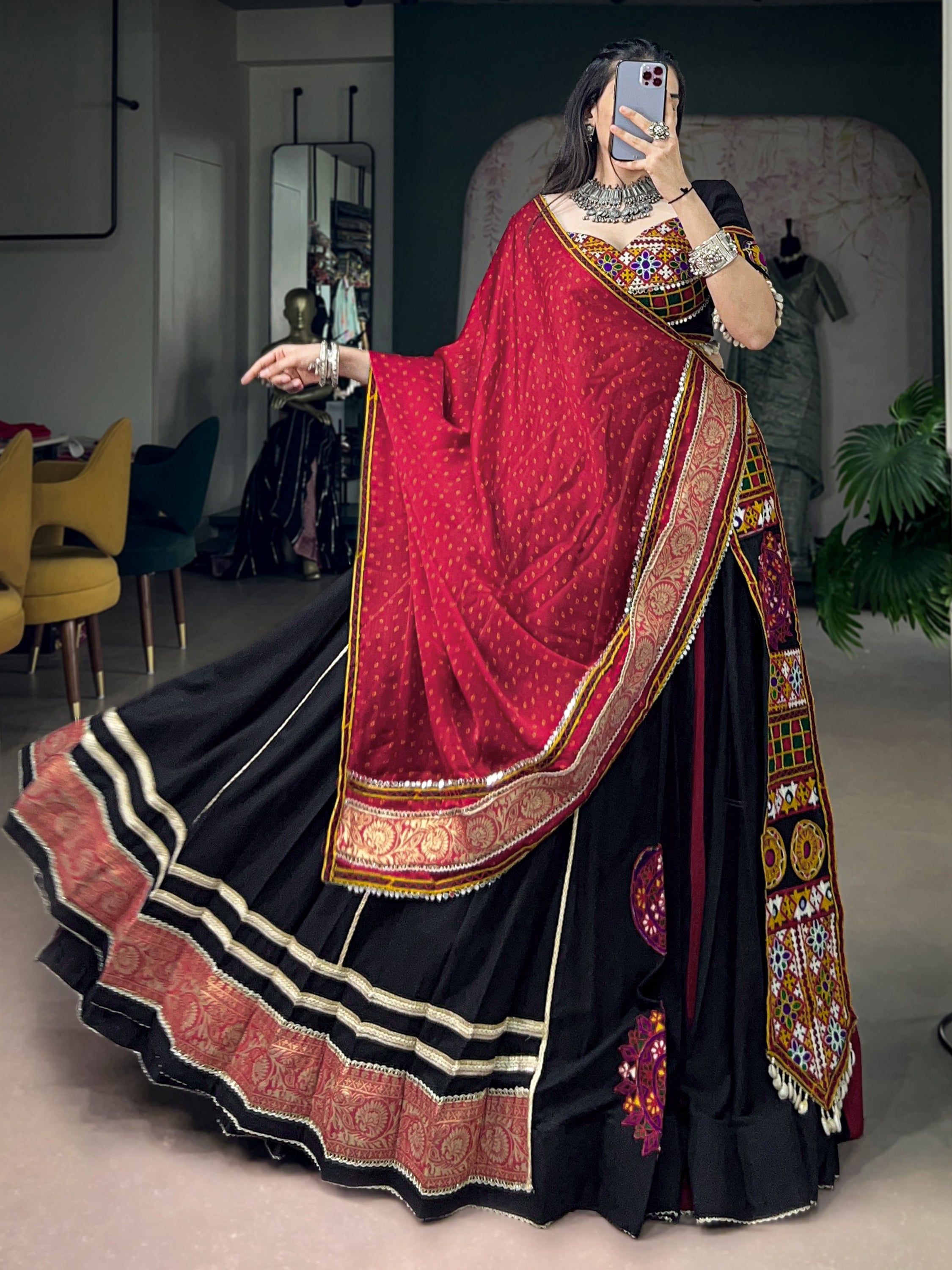 Aesthetic Black Kutchi Embroidered Rayon Navratri Wear Lehenga Choli
