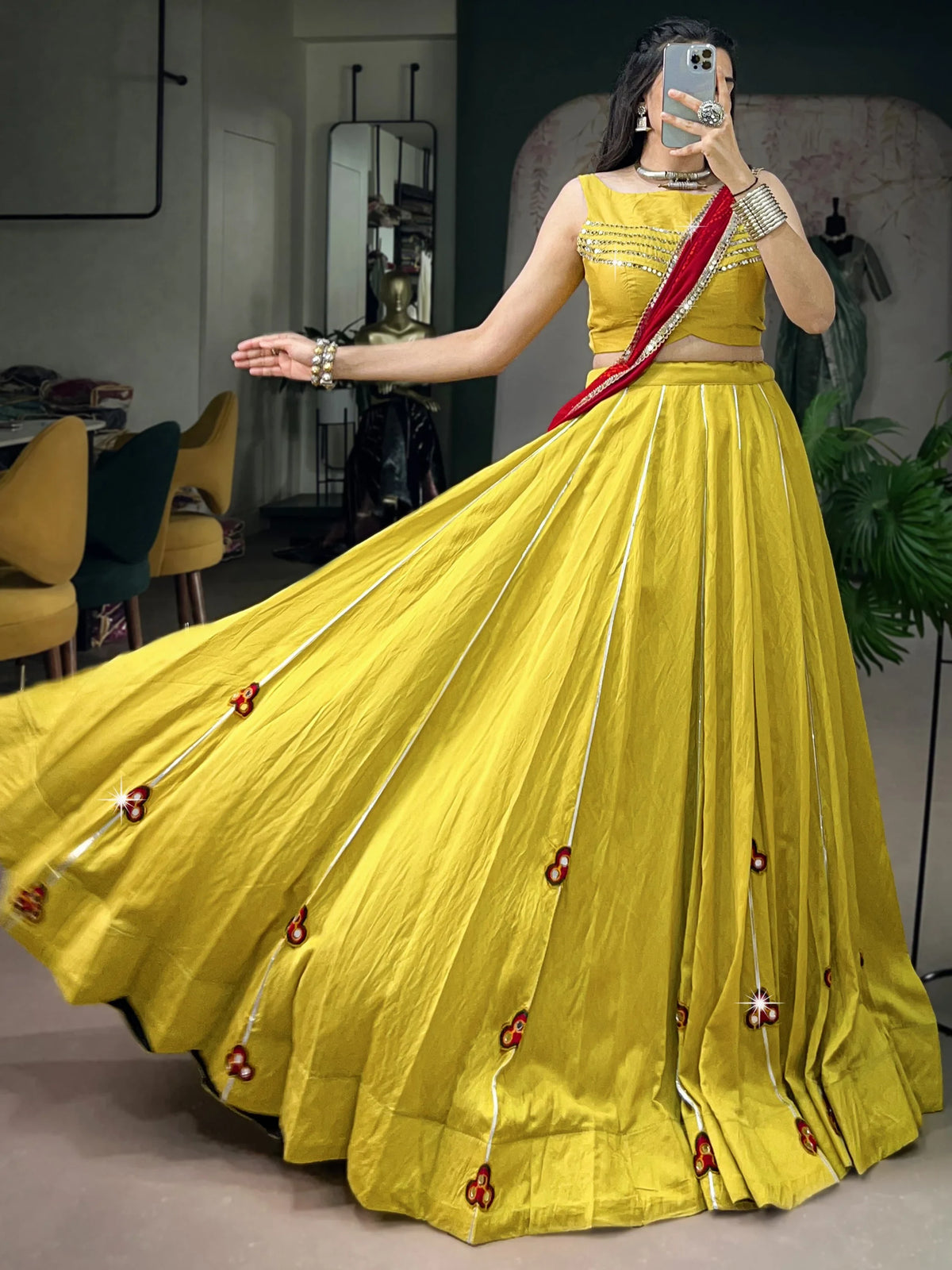 Wonderful Yellow Gamthi Patch Work Navratri Wear Lehenga With Blouse