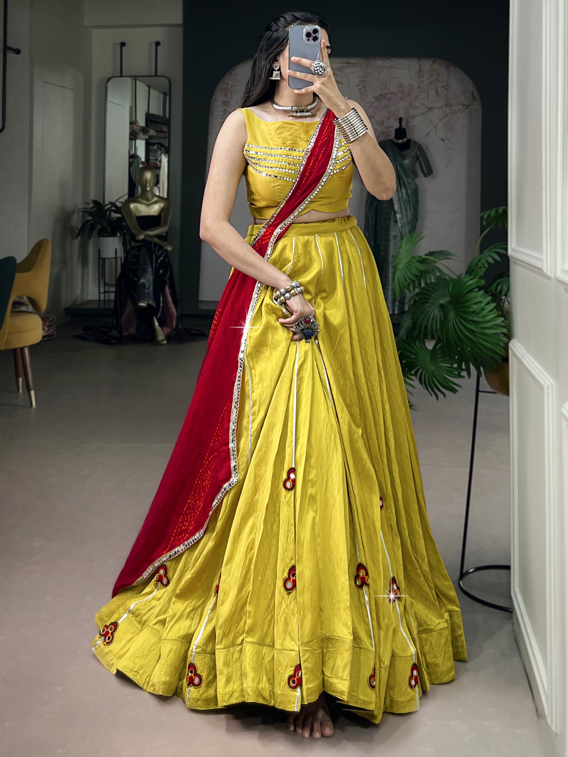Wonderful Yellow Gamthi Patch Work Navratri Wear Lehenga With Blouse