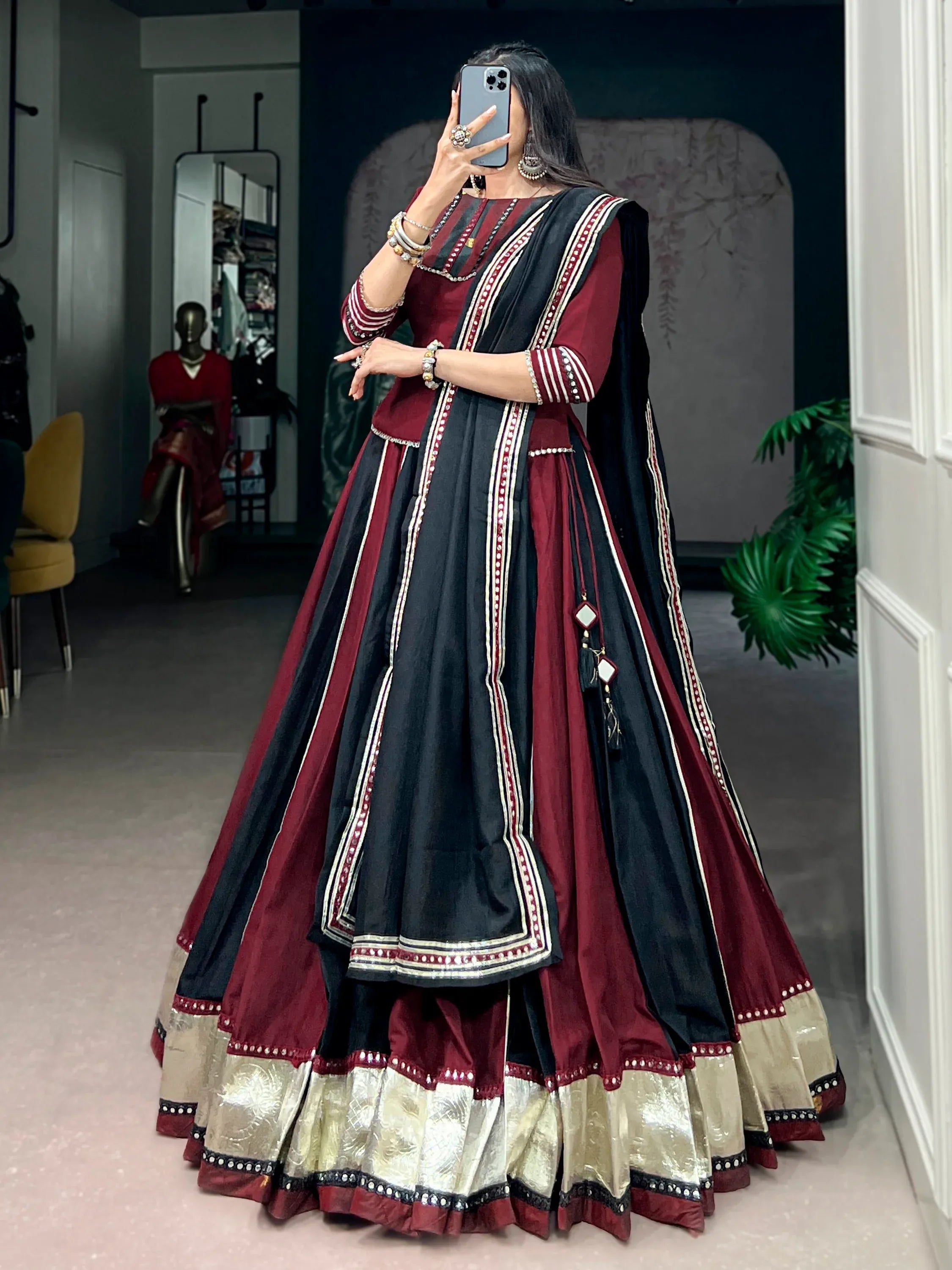 Majestic Maroon Laced Chinon Navratri Wear Lehenga Choli With Dupatta