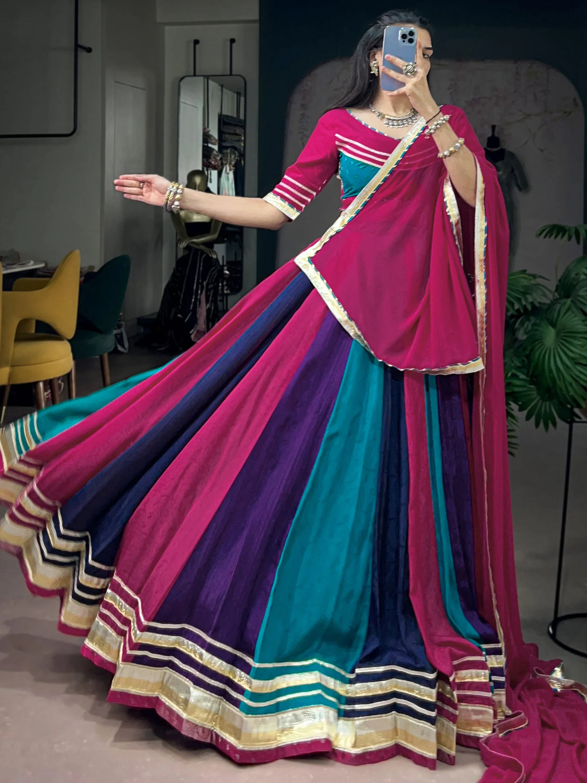 Alluring Multi Color Gota Laced Chinon Navratri Wear Lehenga Choli