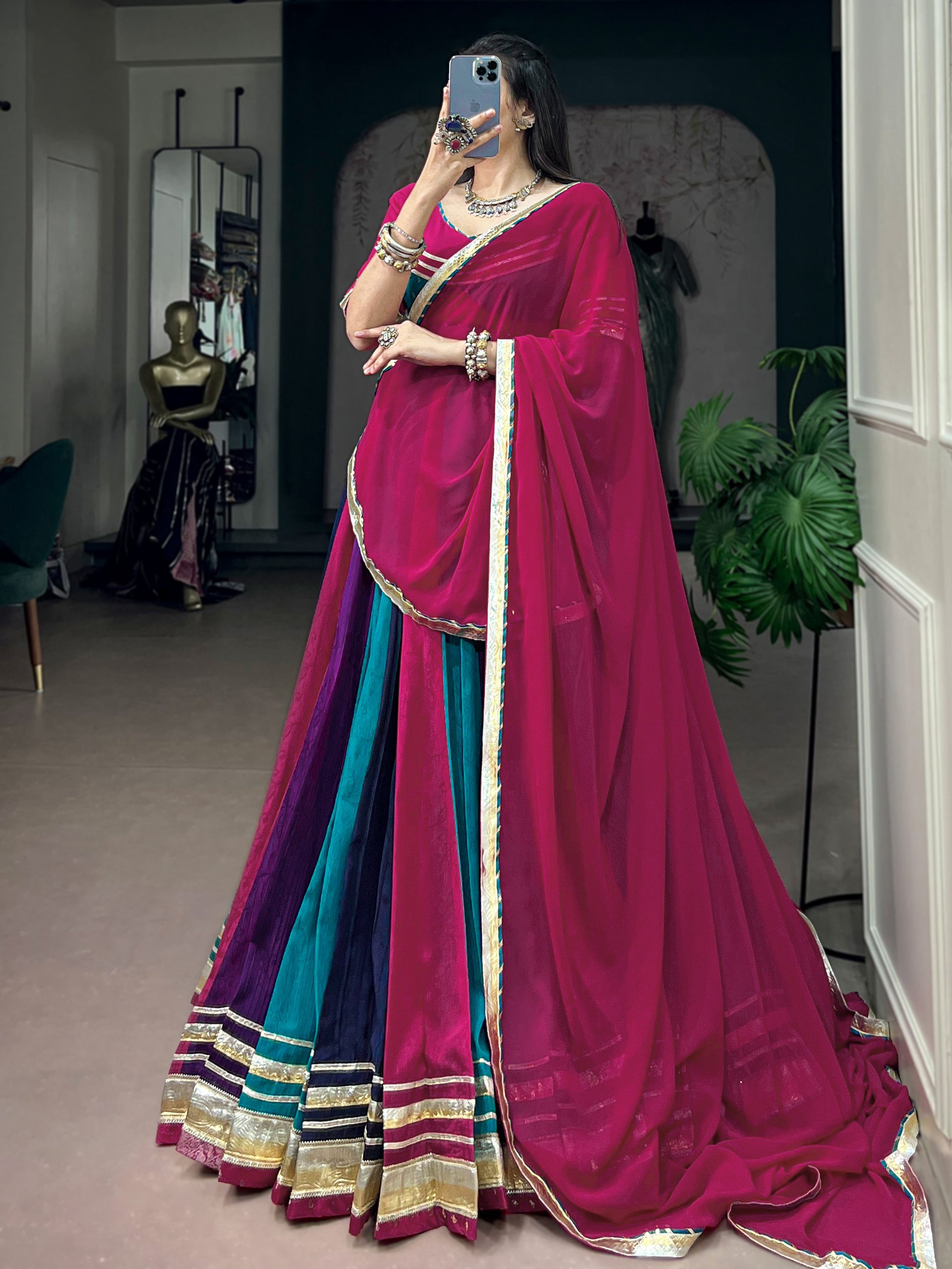 Alluring Multi Color Gota Laced Chinon Navratri Wear Lehenga Choli