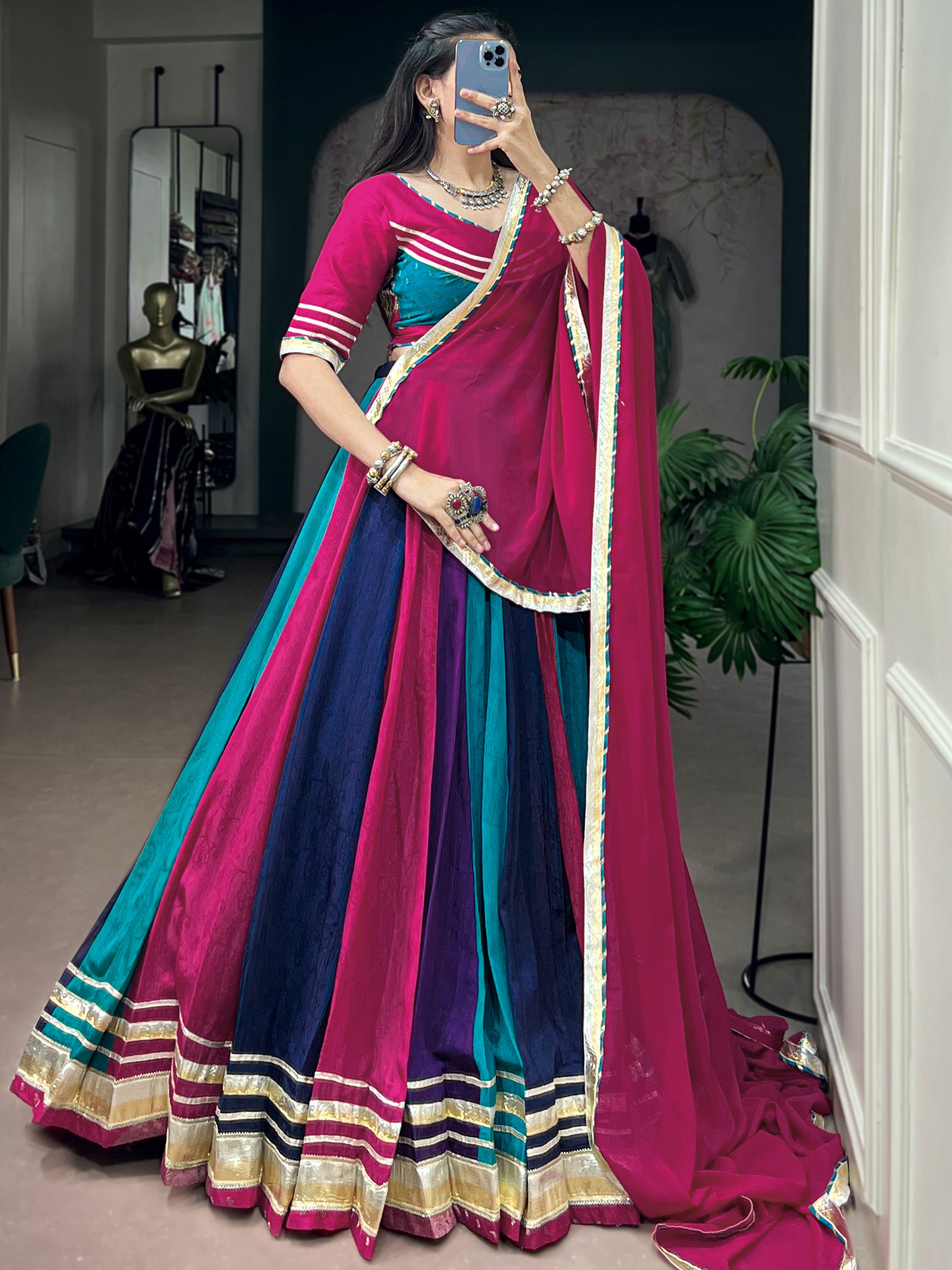 Alluring Multi Color Gota Laced Chinon Navratri Wear Lehenga Choli