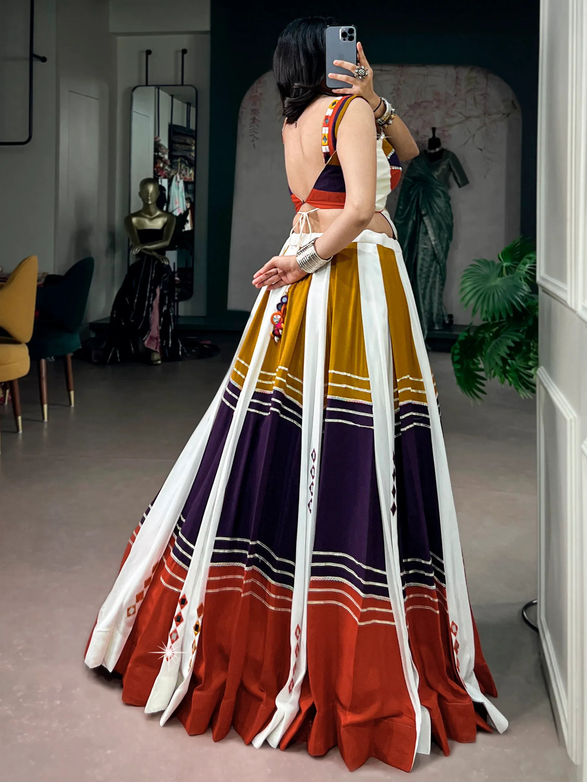 Striking White Mirror Work Rayon Navratri Special Lehenga Choli