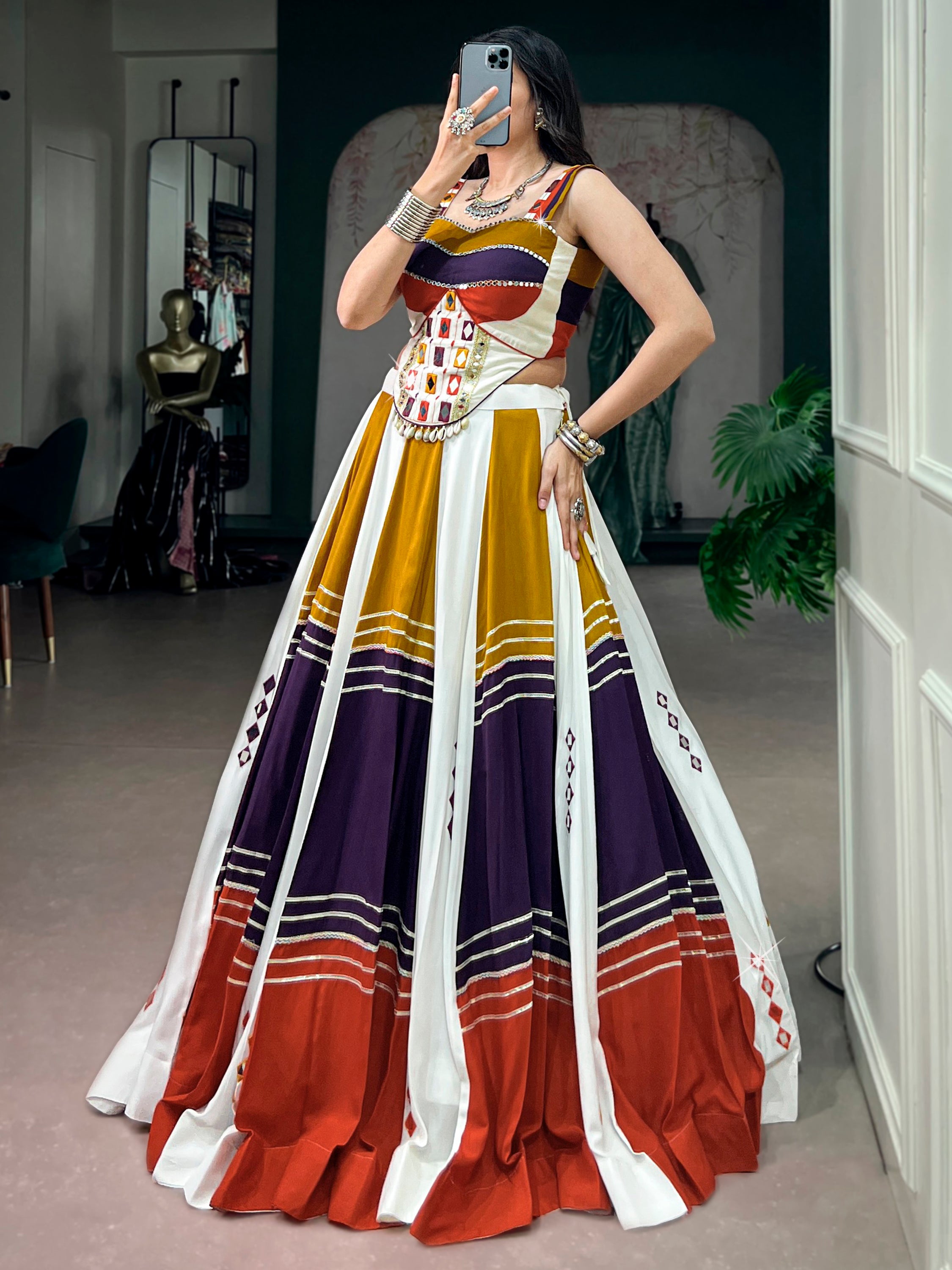 Striking White Mirror Work Rayon Navratri Special Lehenga Choli