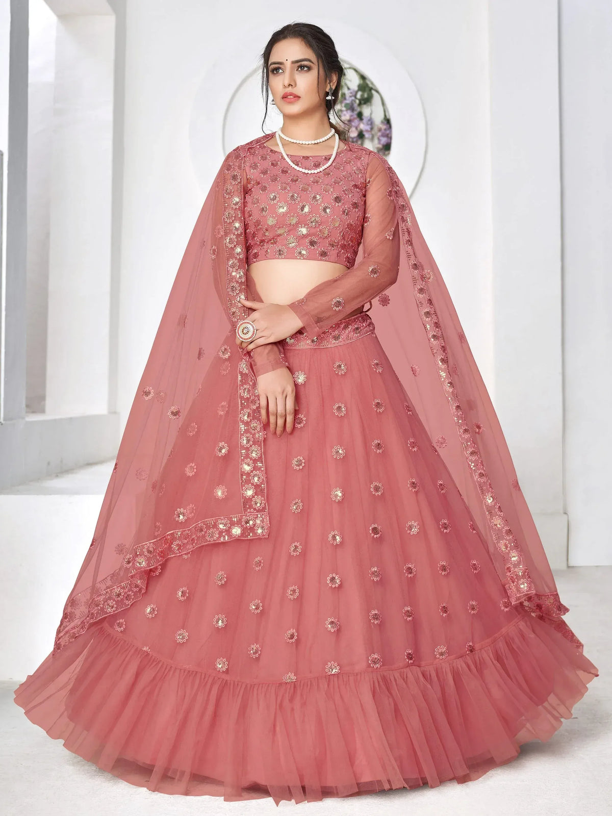Pink floral embroidered lehenga choli with sheer dupatta, Indian ethnic wear for weddings and parties