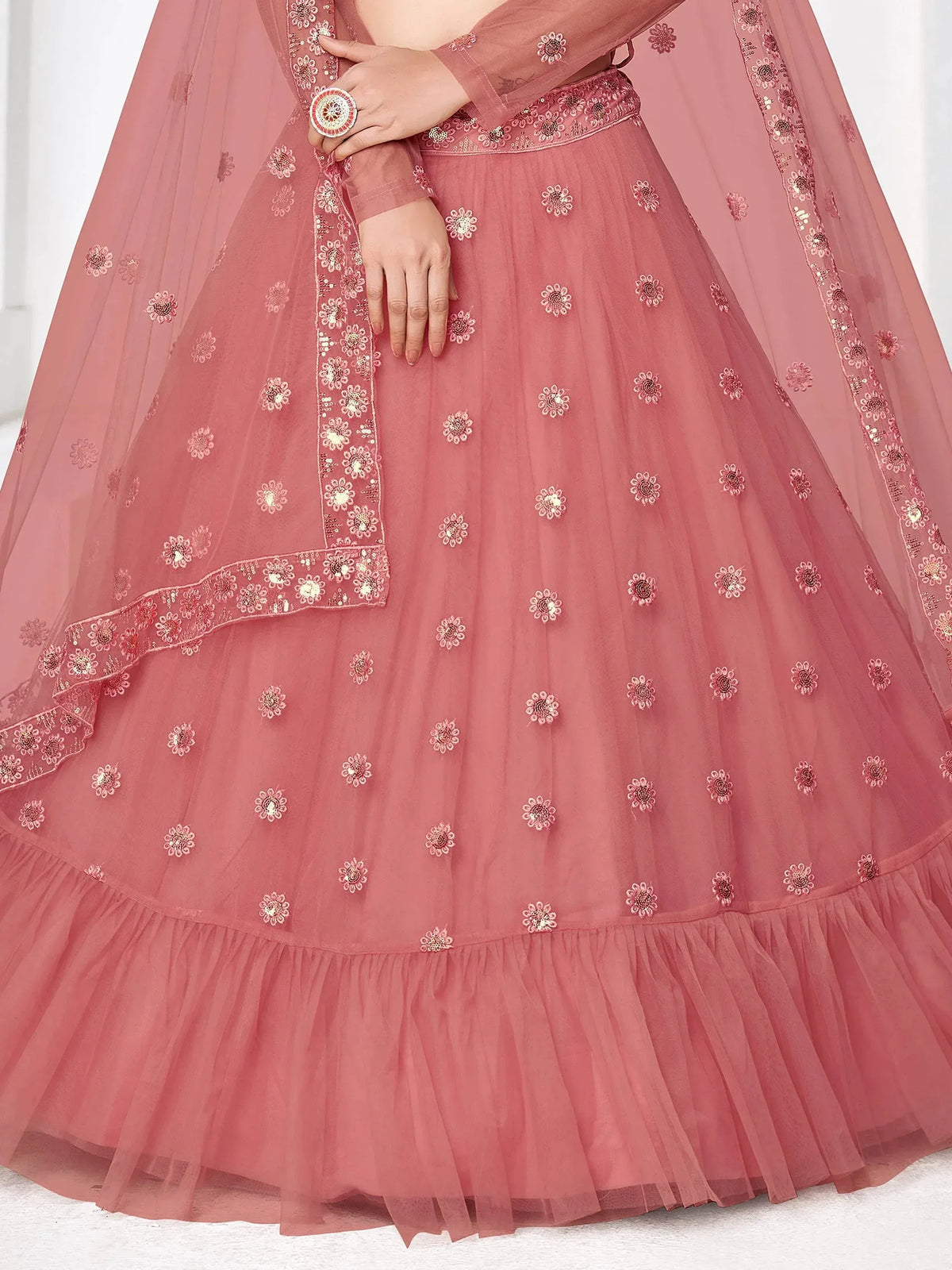 Pink floral embroidered lehenga choli with net dupatta, Indian ethnic wear for weddings and parties