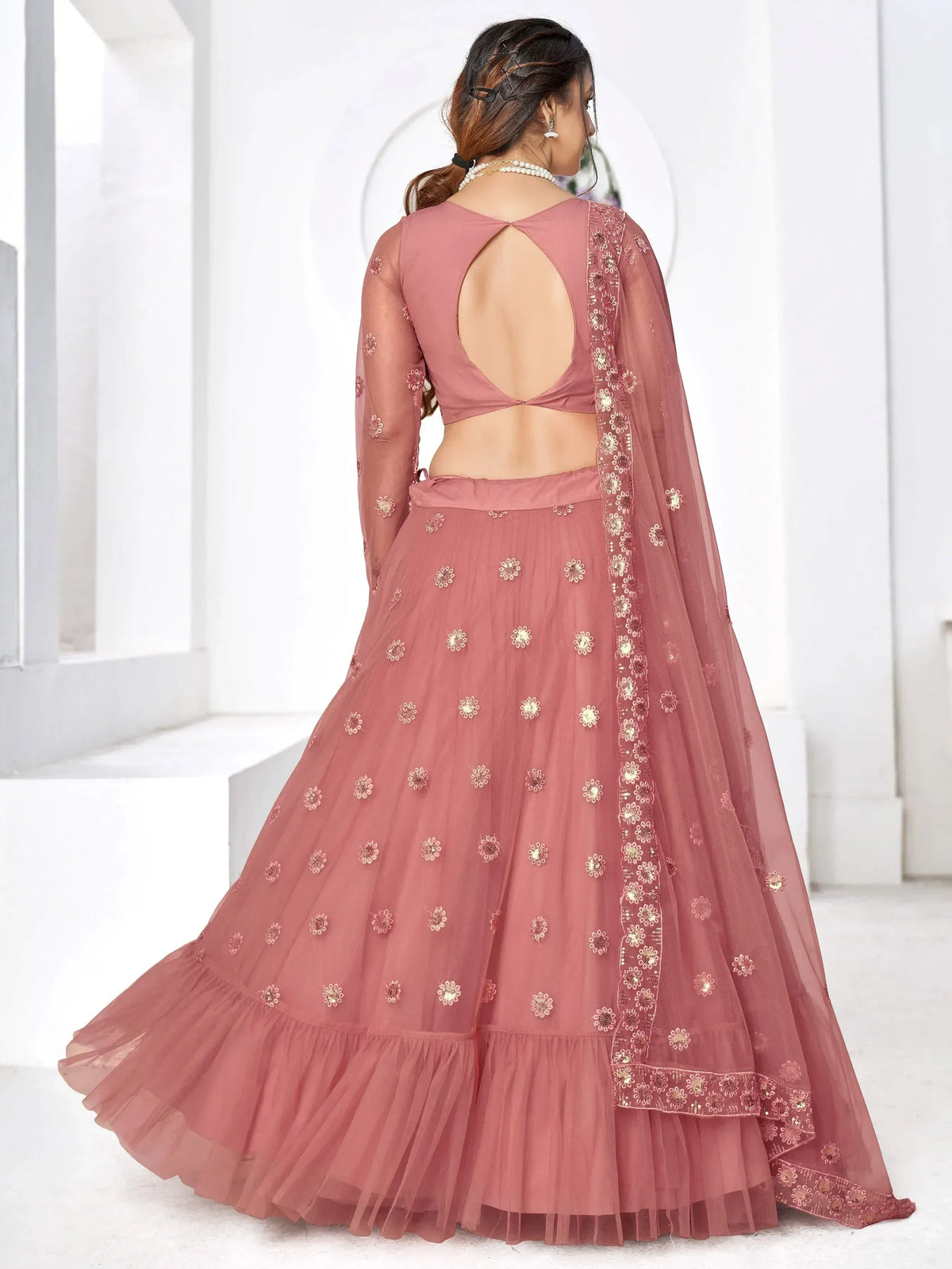 Pink floral embroidered lehenga choli with backless blouse and sheer dupatta, Indian ethnic wear