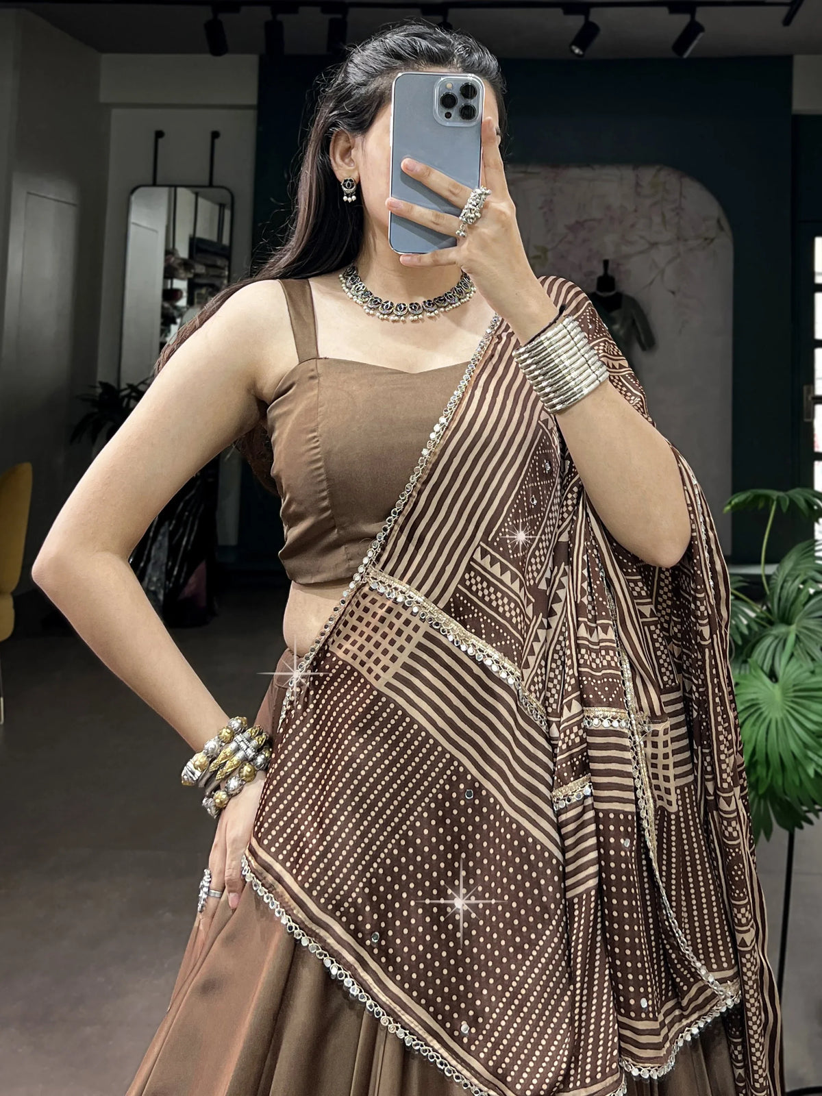Wonderful Brown Silk Navratri Lehenga Choli With Mirror Laced Dupatta