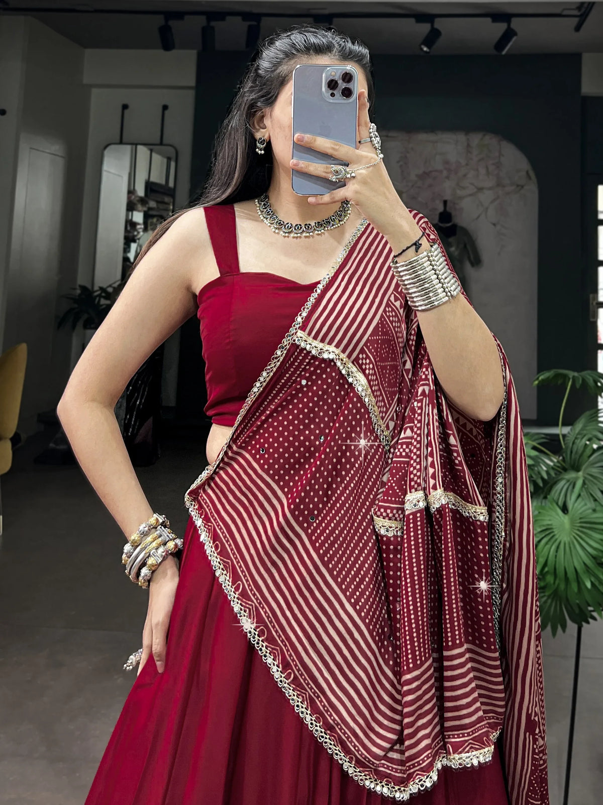 Gorgeous Maroon Silk Navratri Wear Lehenga Choli With Printed Dupatta