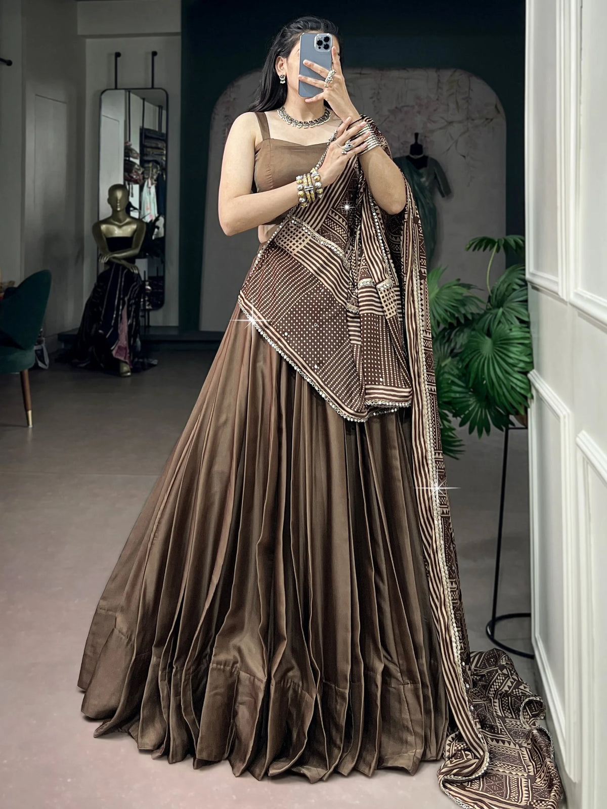 Wonderful Brown Silk Navratri Lehenga Choli With Mirror Laced Dupatta