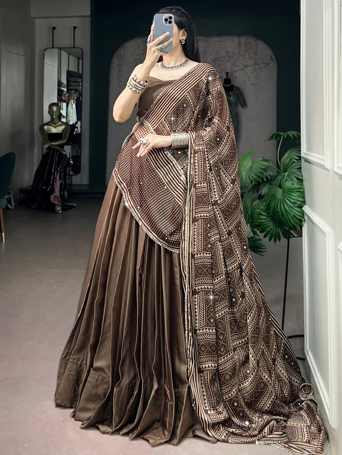 Wonderful Brown Silk Navratri Lehenga Choli With Mirror Laced Dupatta