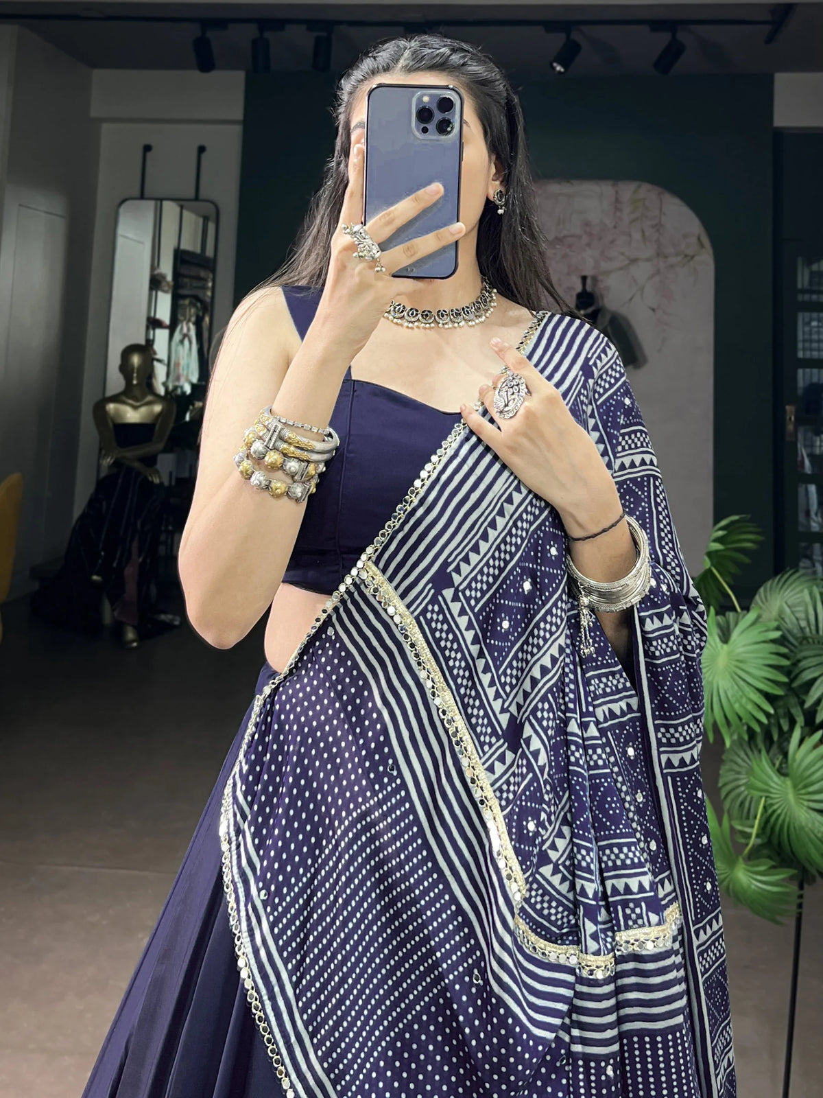 Notable Navy Blue Navratri Wear Lehenga Choli With Mirror Laced Dupatta