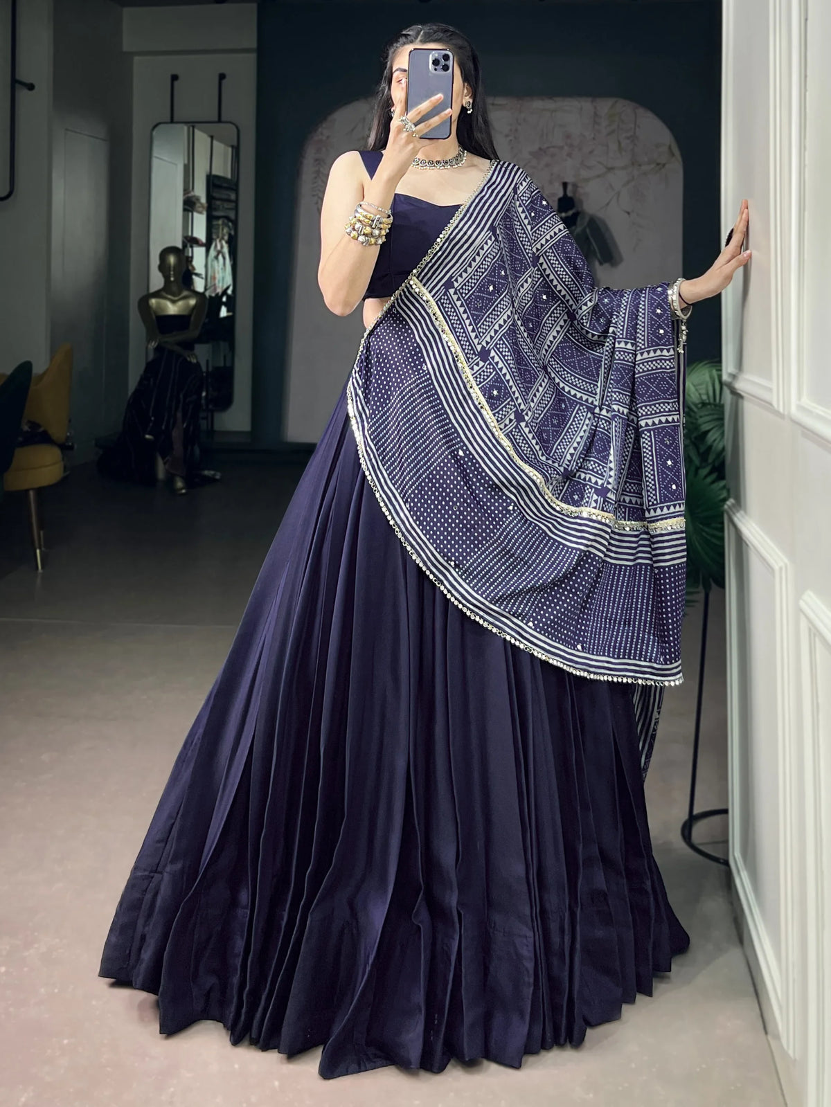 Notable Navy Blue Navratri Wear Lehenga Choli With Mirror Laced Dupatta