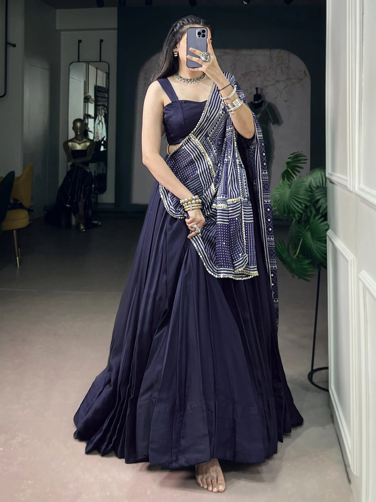 Notable Navy Blue Navratri Wear Lehenga Choli With Mirror Laced Dupatta