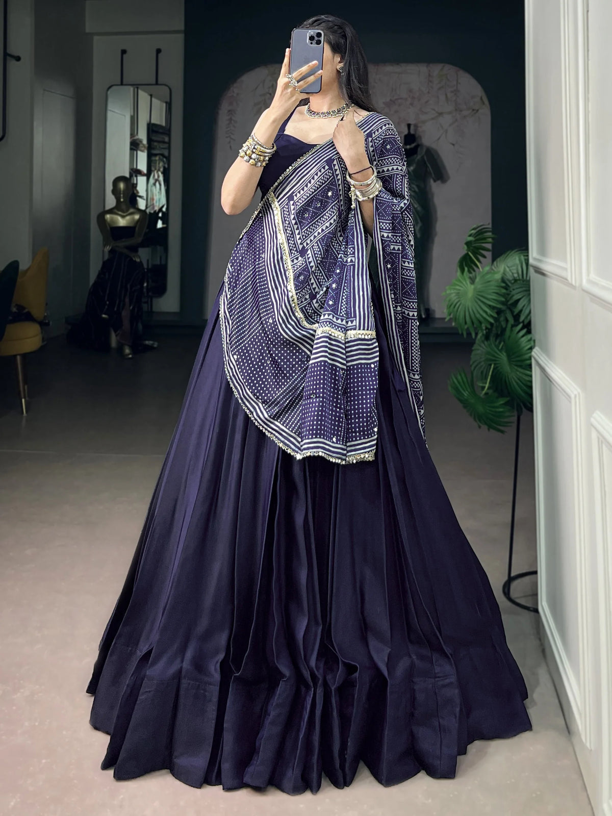 Notable Navy Blue Navratri Wear Lehenga Choli With Mirror Laced Dupatta
